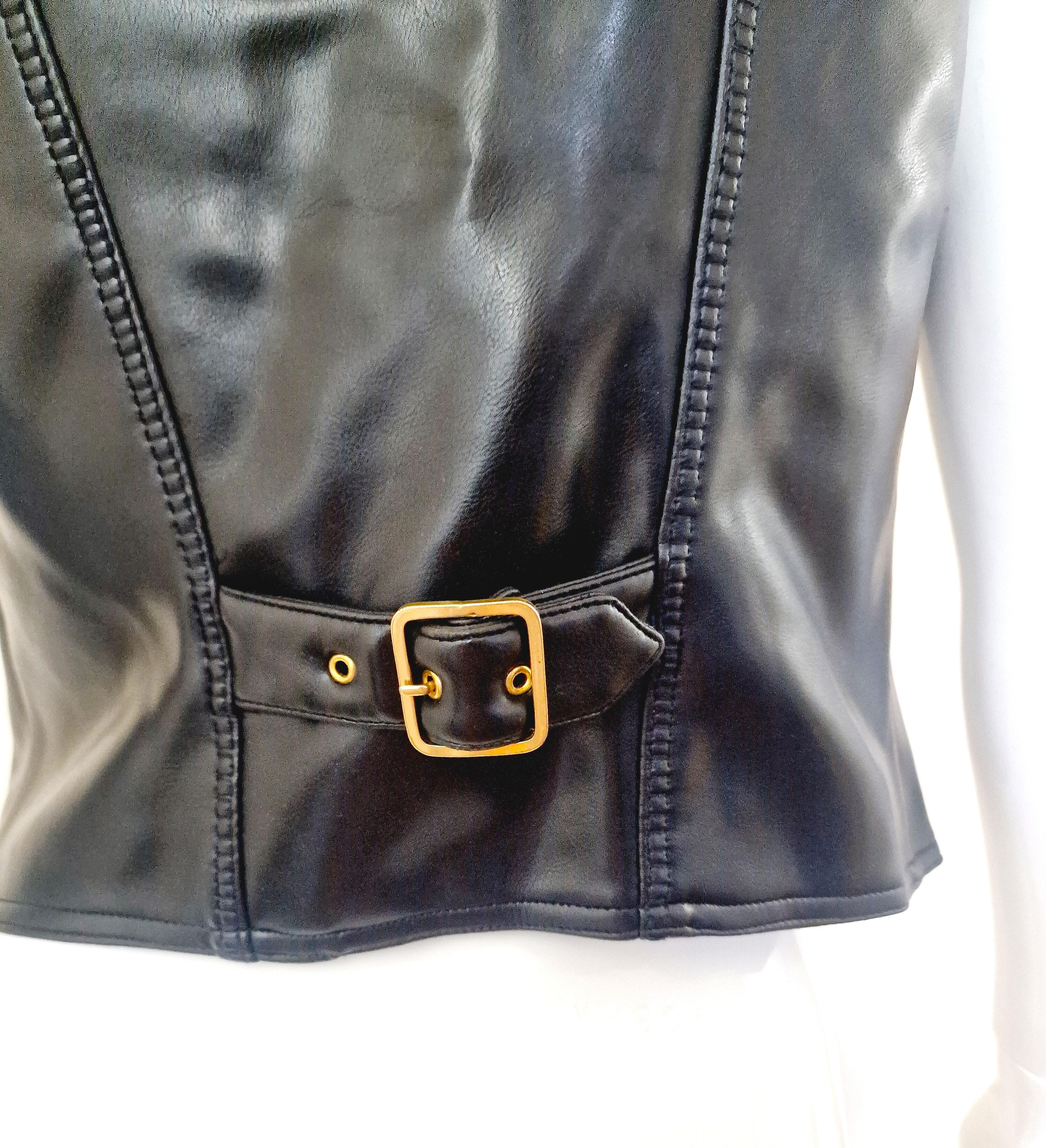 Moschino Faux Leather Biker Peace Sign Zipper Metal Vintage Black Top Vest For Sale 7