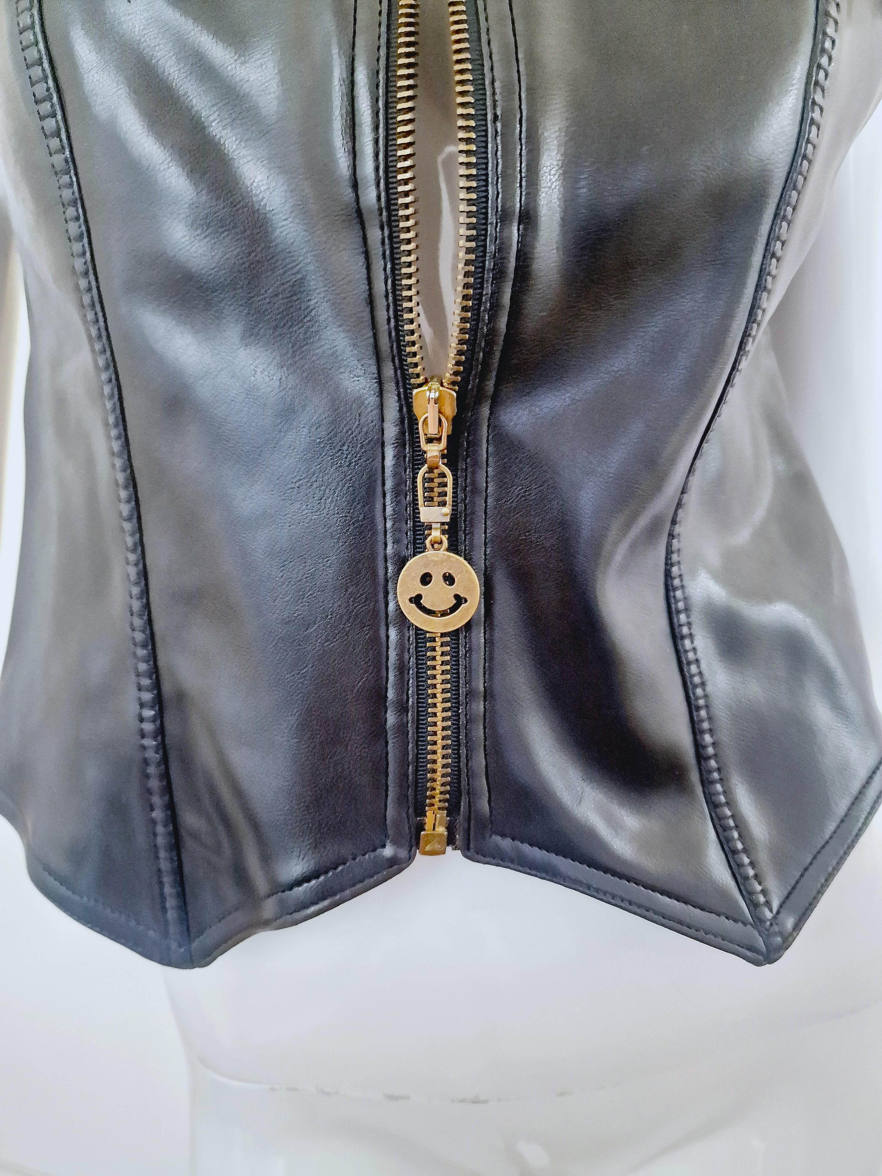 Moschino Faux Leather Biker Peace Sign Zipper Metal Vintage Black Top Vest For Sale 8