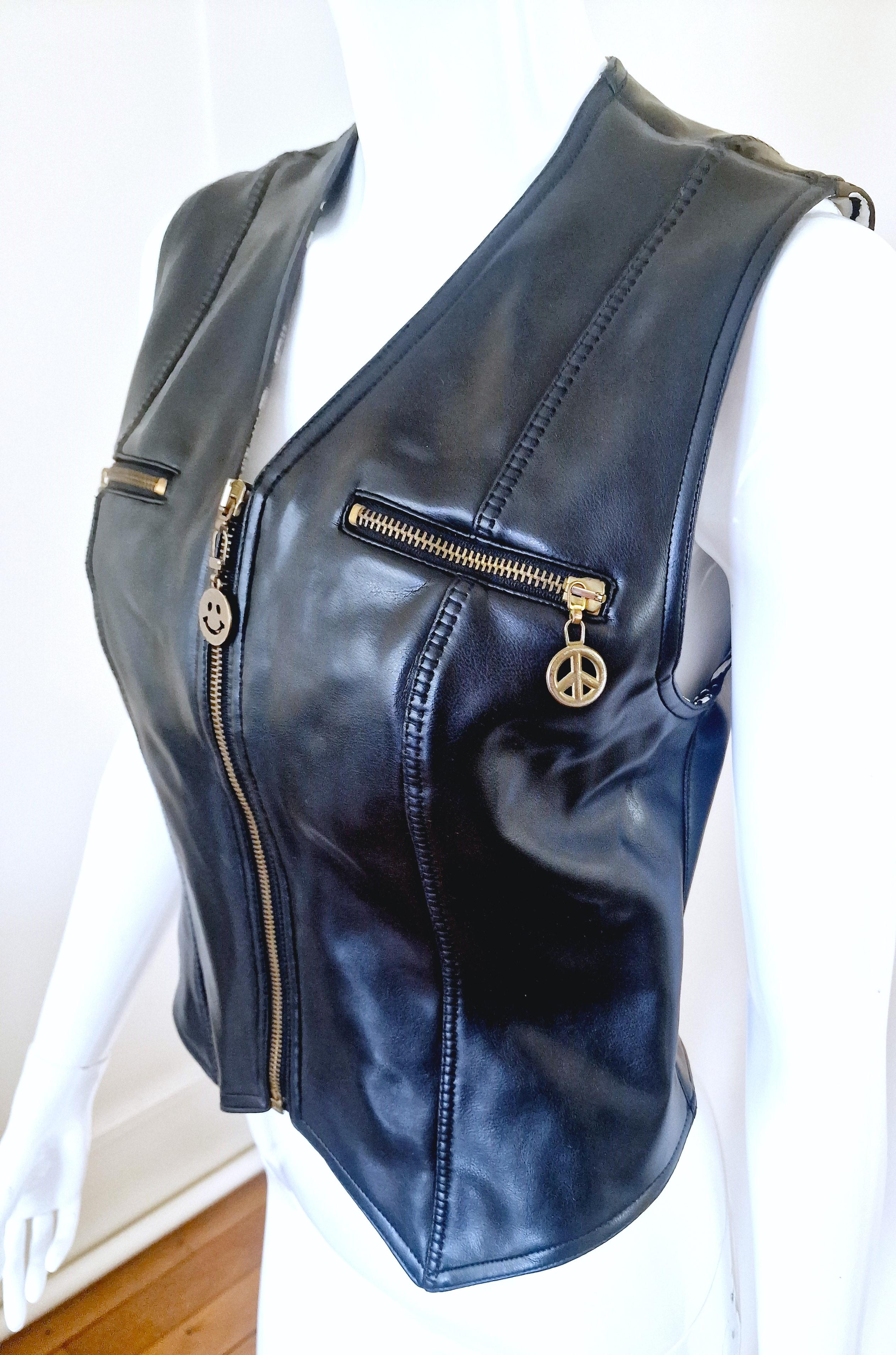 Women's Moschino Faux Leather Biker Peace Sign Zipper Metal Vintage Black Top Vest For Sale