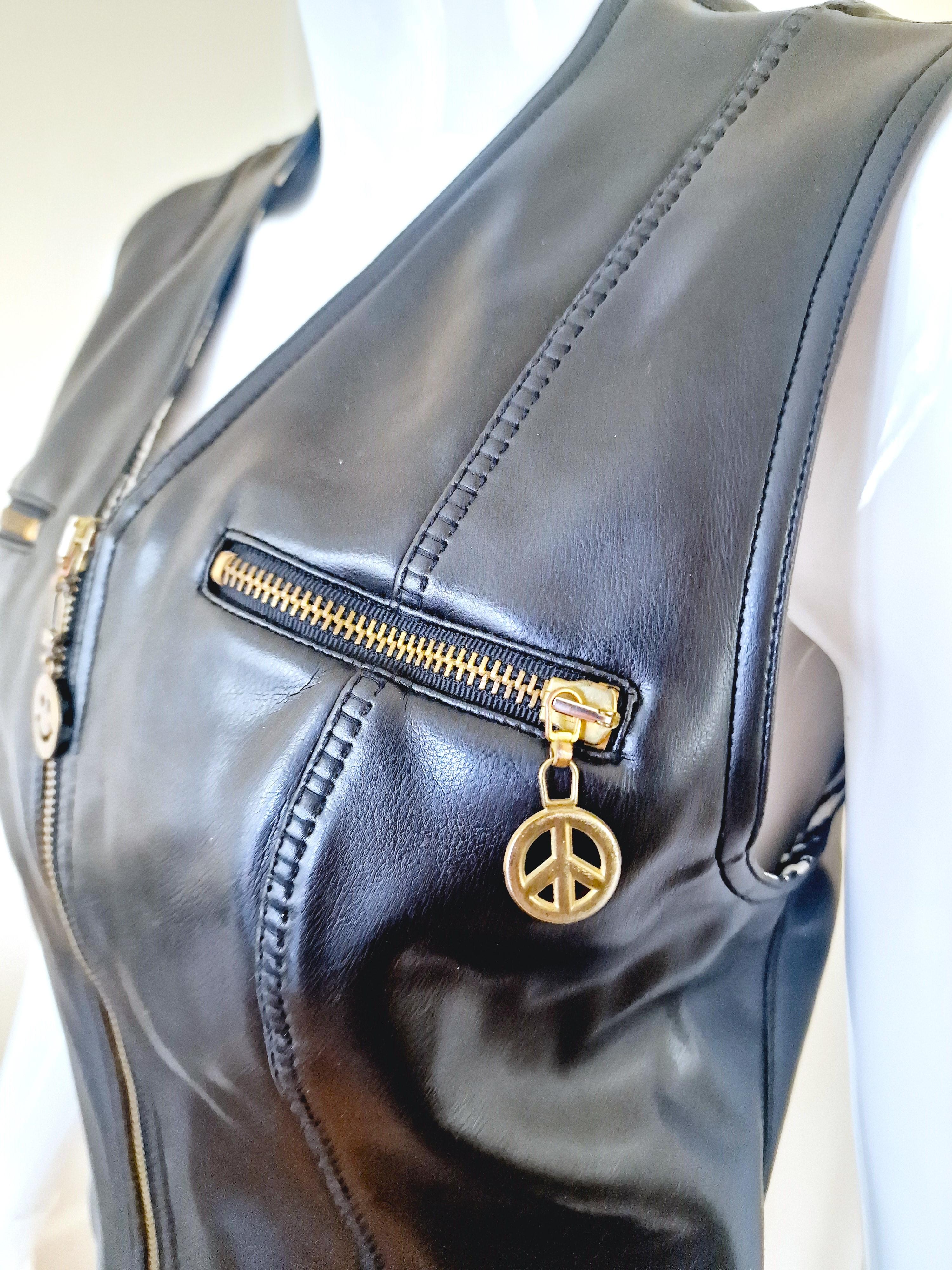 Moschino Faux Leather Biker Peace Sign Zipper Metal Vintage Black Top Vest For Sale 1