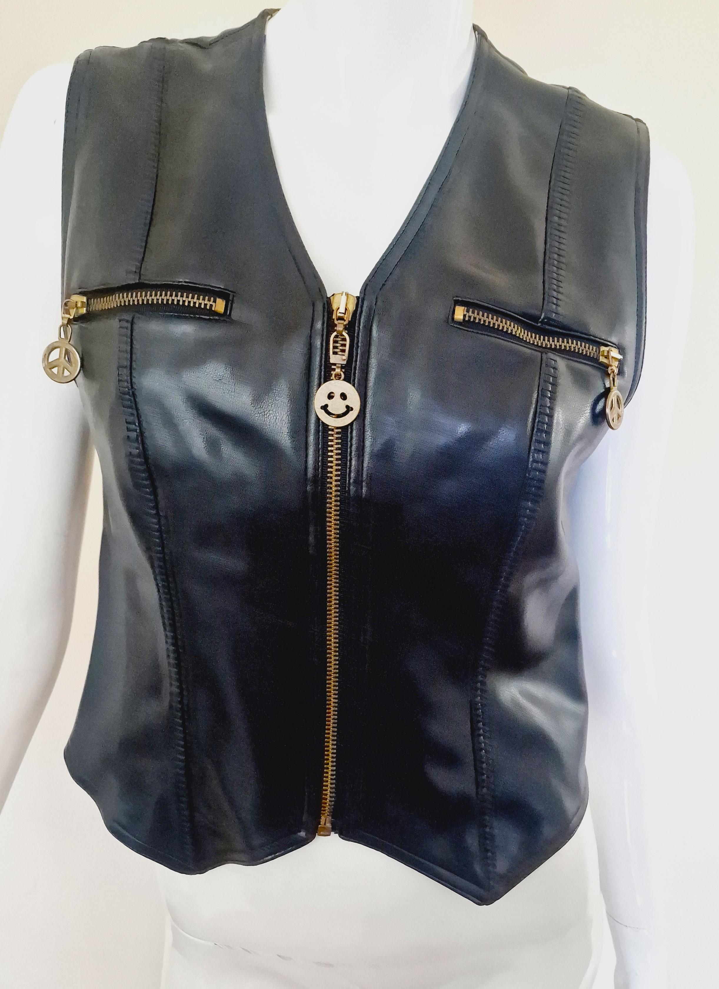 Moschino Faux Leather Biker Peace Sign Zipper Metal Vintage Black Top Vest For Sale 3