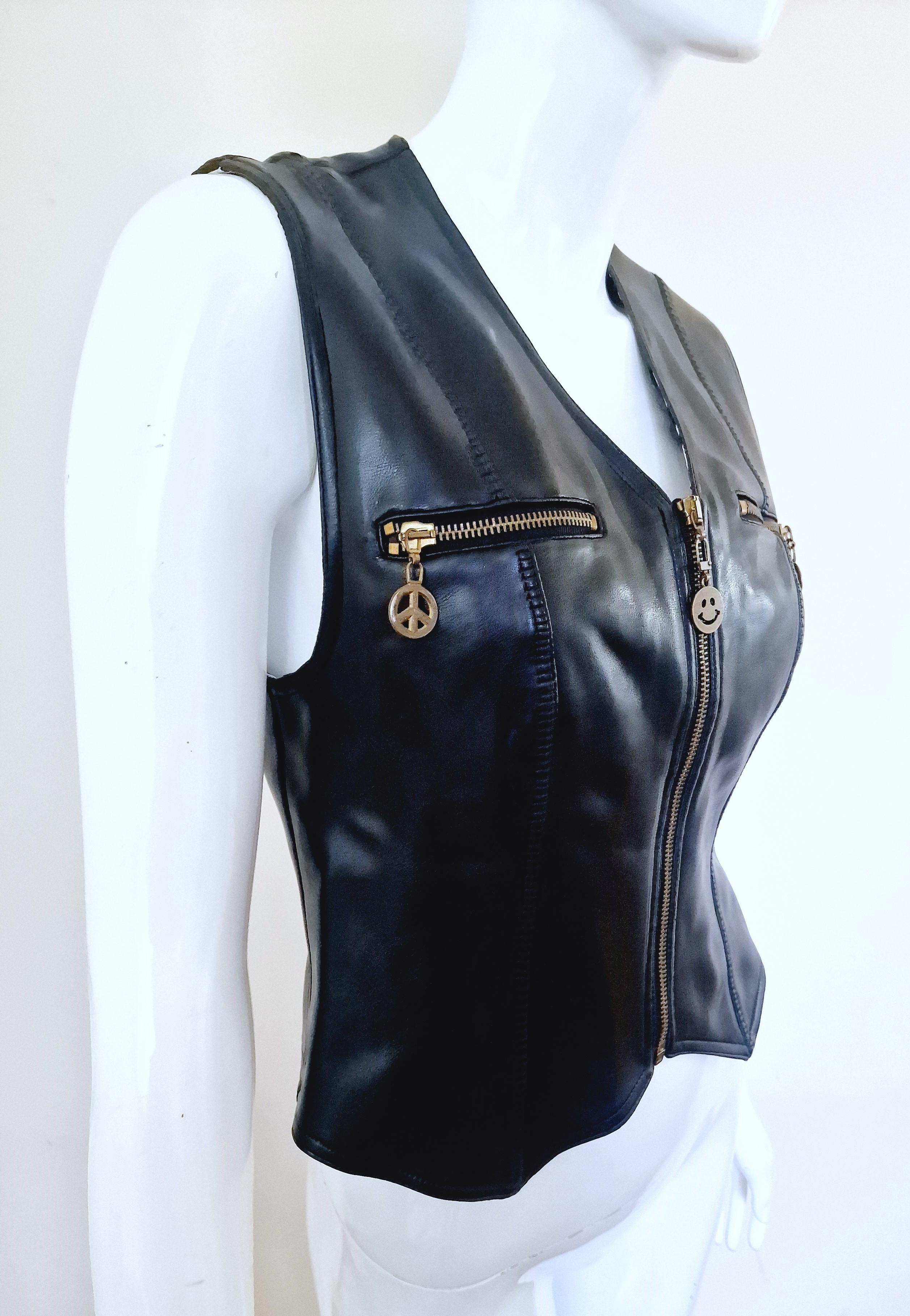 Moschino Faux Leather Biker Peace Sign Zipper Metal Vintage Black Top Vest For Sale 4