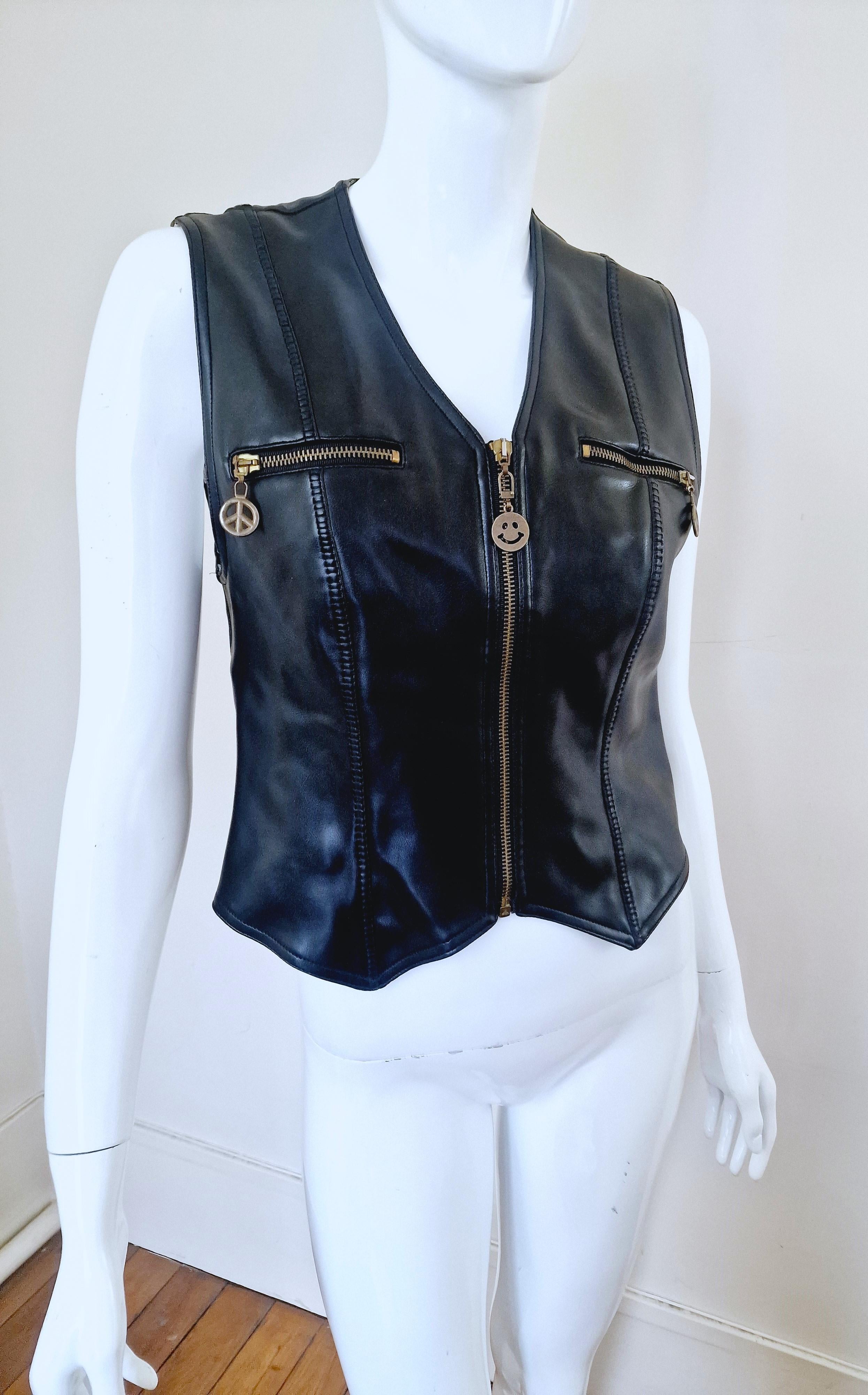 Moschino Faux Leather Biker Peace Sign Zipper Metal Vintage Black Top Vest For Sale 5