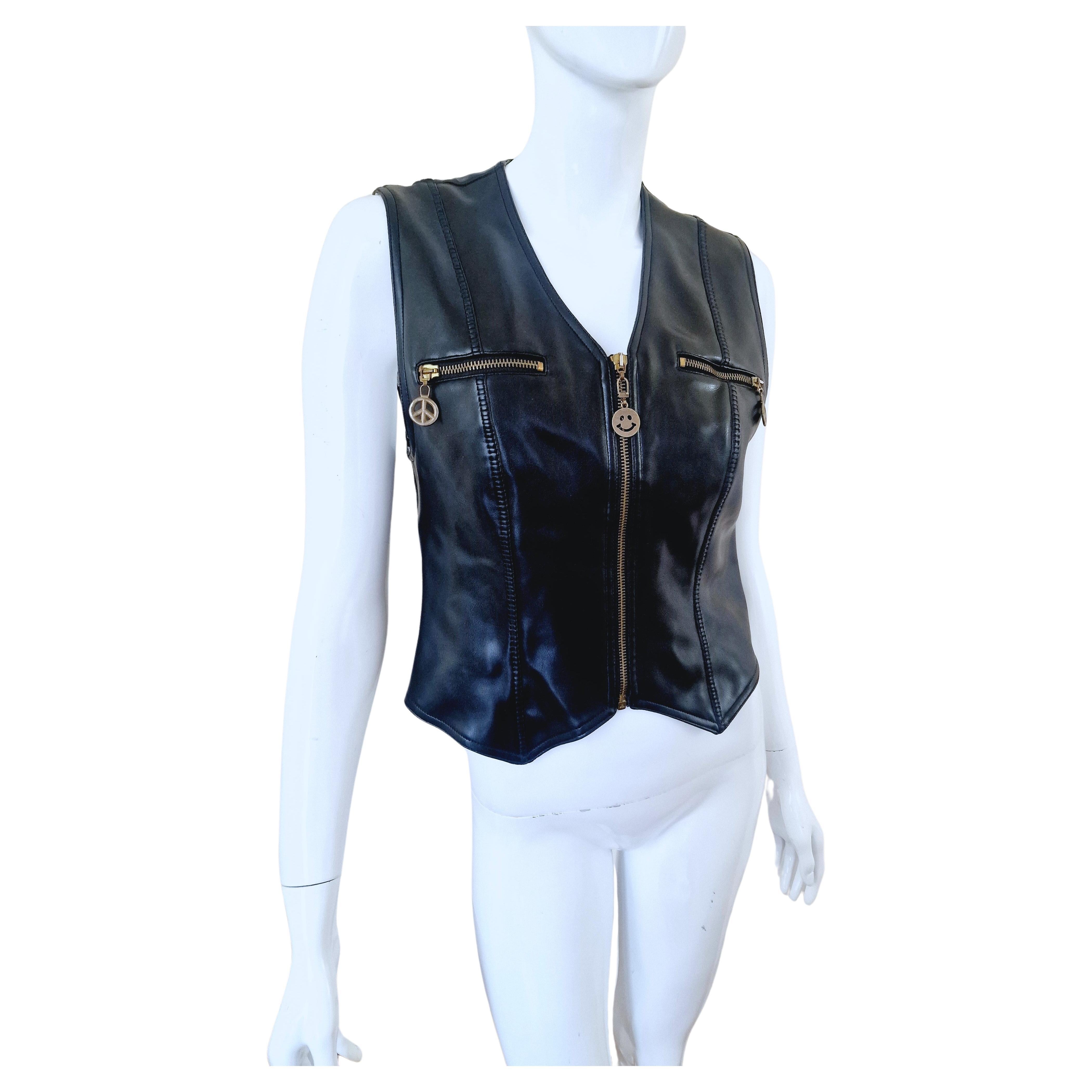 Moschino Faux Leather Biker Peace Sign Zipper Metal Vintage Black Top Vest For Sale