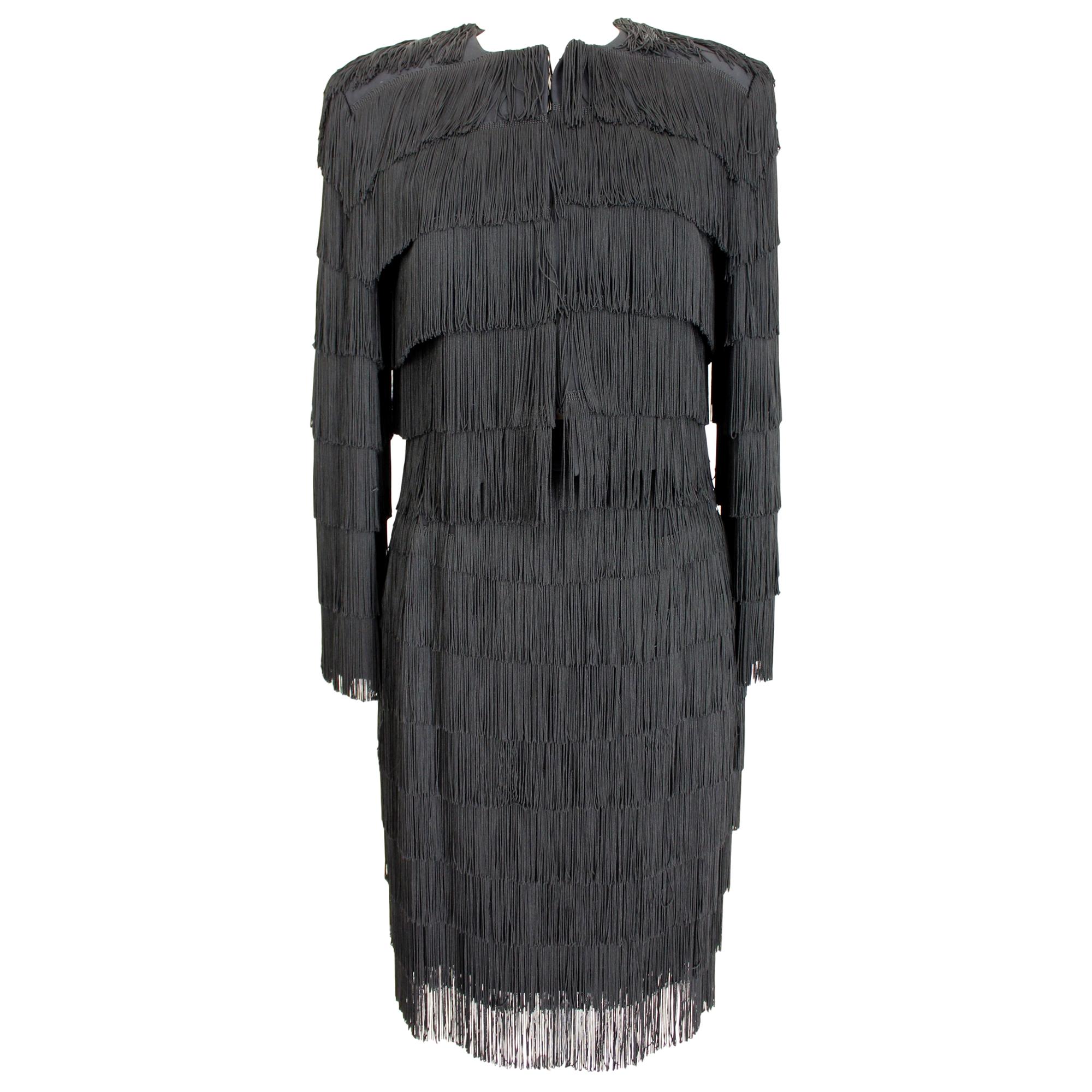 Moschino Black Fringed Charleston Evening Skirt Suit Dress 1990s