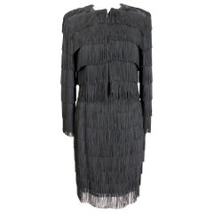 Vintage Moschino Black Fringed Charleston Evening Skirt Suit Dress 1990s