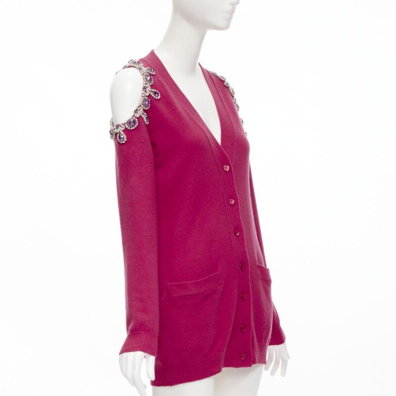 Pink MOSCHINO fuschia pink cashmere crystal jewel cold shoulder cardigan IT38 For Sale