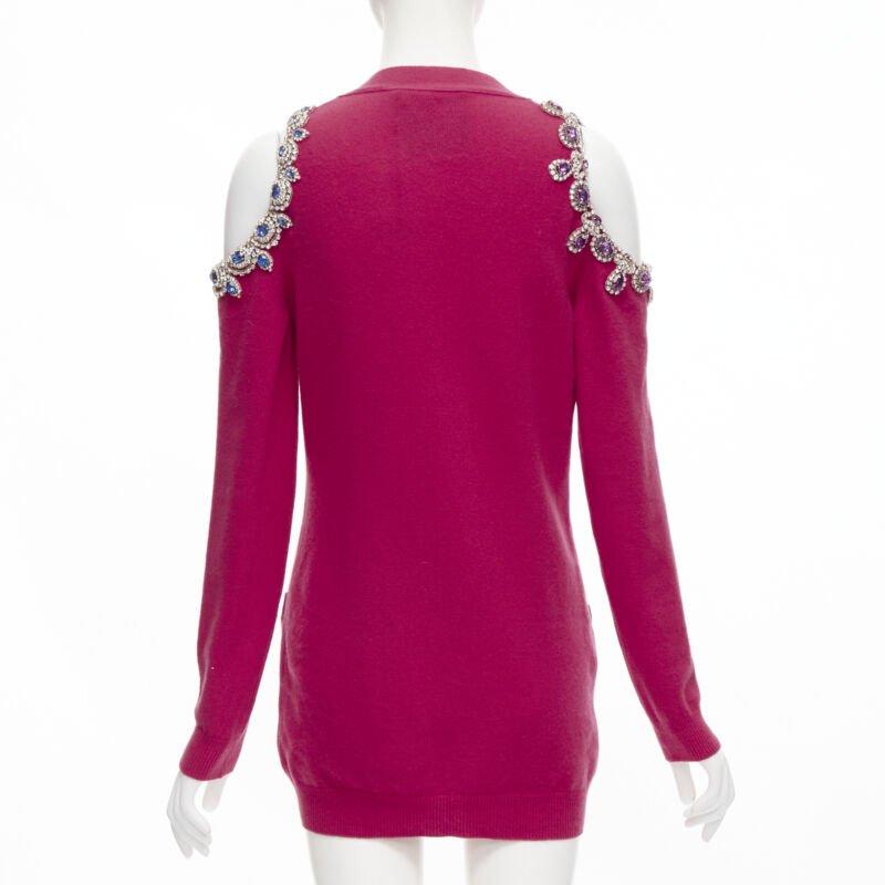 Women's MOSCHINO fuschia pink cashmere crystal jewel cold shoulder cardigan IT38 For Sale