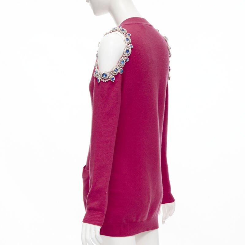 MOSCHINO fuschia pink cashmere crystal jewel cold shoulder cardigan IT38 For Sale 1