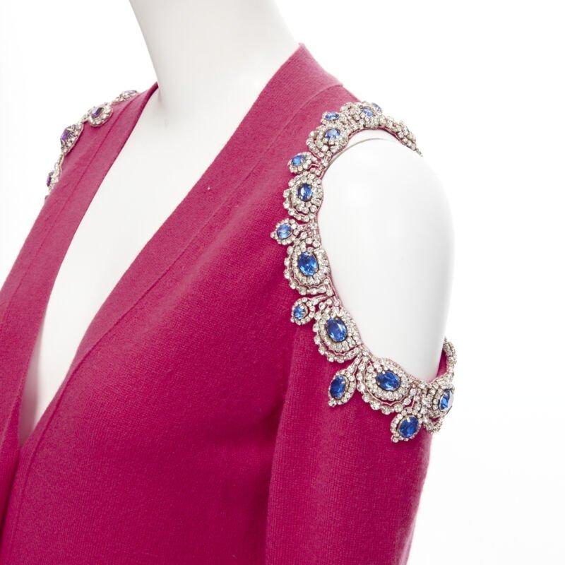MOSCHINO fuschia pink cashmere crystal jewel cold shoulder cardigan IT38 For Sale 2