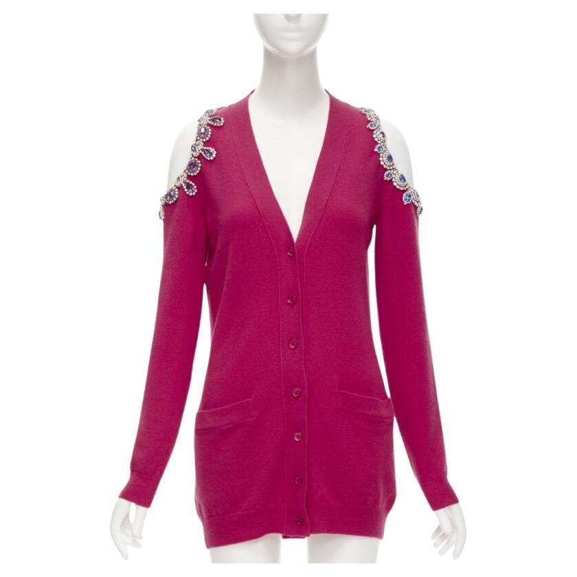 MOSCHINO fuschia pink cashmere crystal jewel cold shoulder cardigan IT38 For Sale