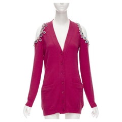 MOSCHINO fuschia pink cashmere crystal jewel cold shoulder cardigan IT38