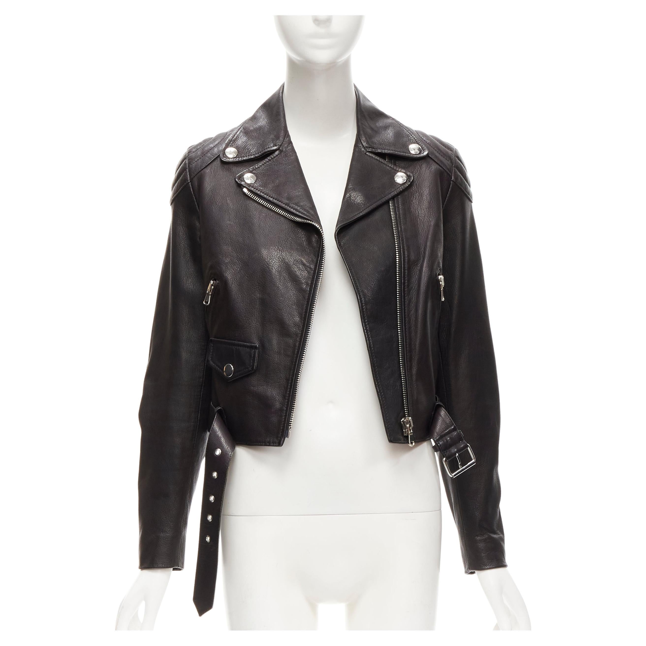 MOSCHINO genuine leather black classic cropped moto biker jacket IT40 S