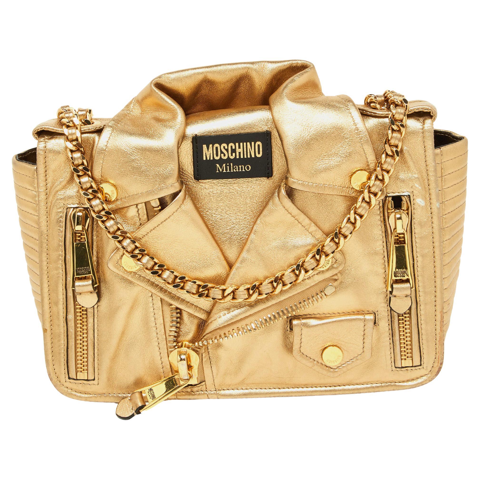 Moschino Gold Leder Große Capsule Biker Jacke Umhängetasche