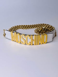 Moschino Gold Logo White Leather and Chain Belt