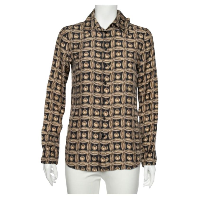 Moschino Chemise à col noué en soie imprimée dorée avec boutons à l'avant, M