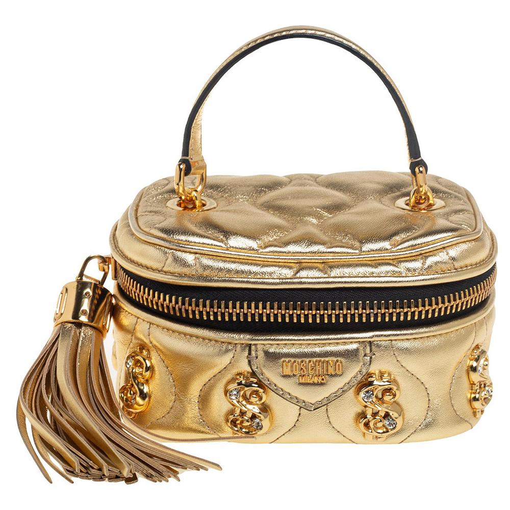 Moschino Gold Quilted Leather Mini Dollaro Top Handle Bag