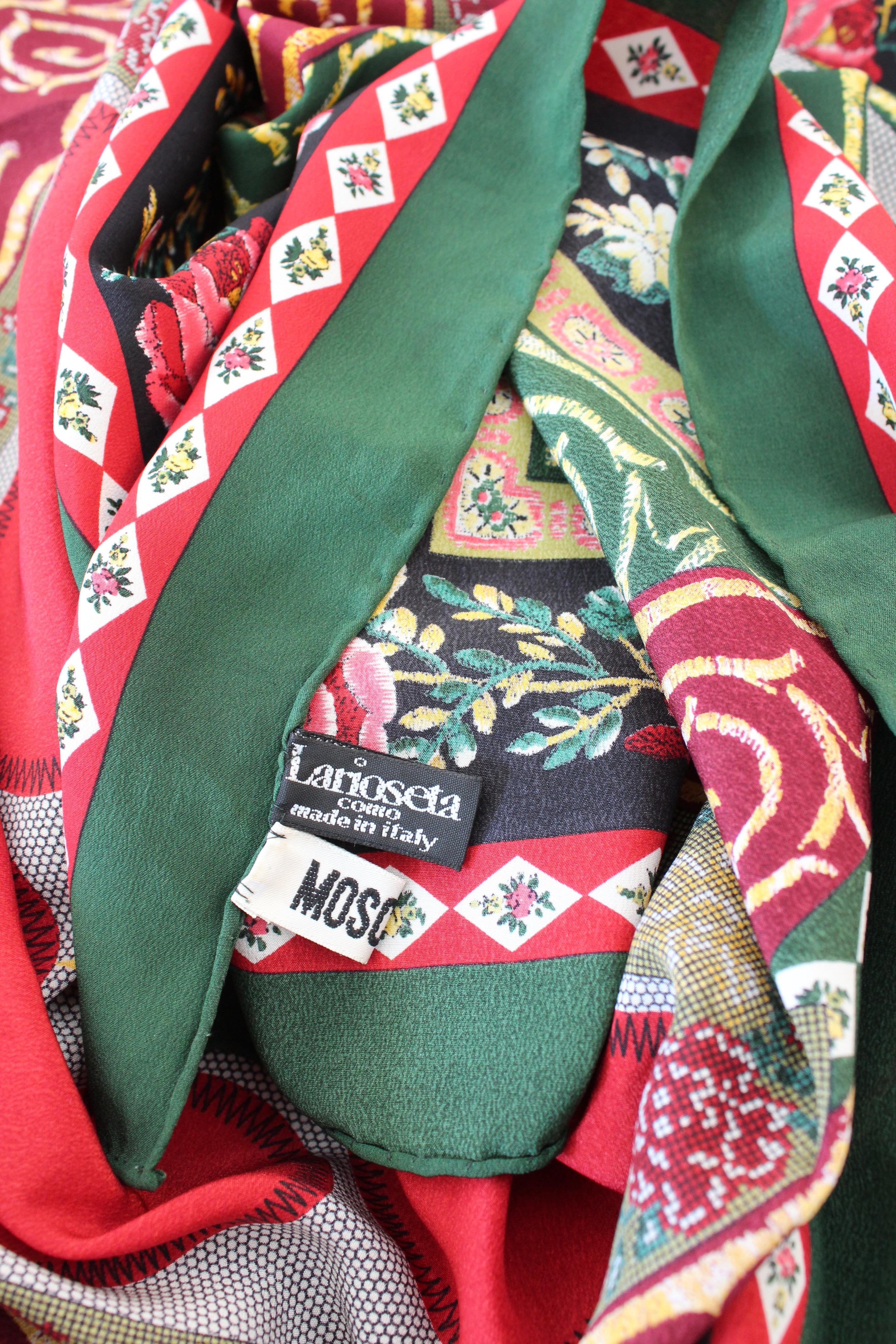Moschino Green Red Silk Floral Heart Scarf 2