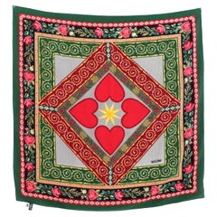 Vintage Moschino Green Red Silk Floral Heart Scarf