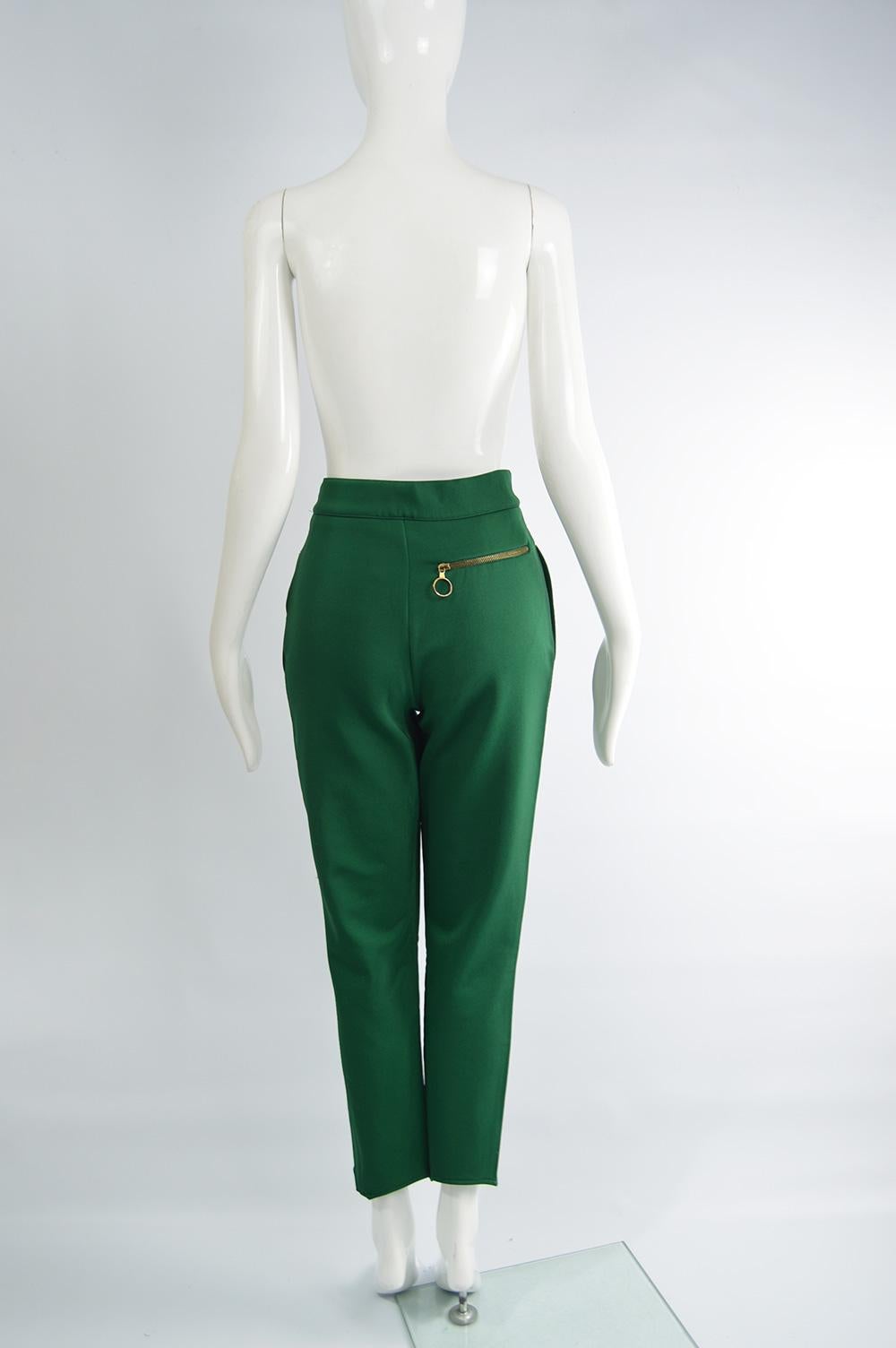 Women's Moschino Green Stretch Jersey Slim Leg High Waist Vintage Pants, 1980s 