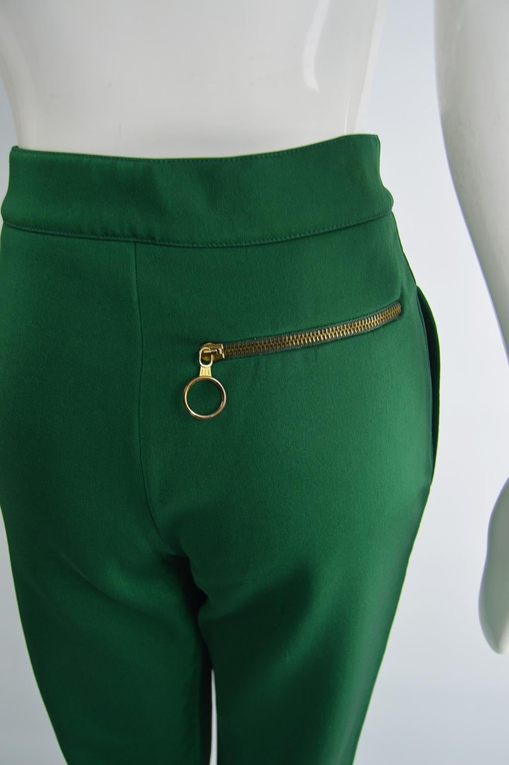 Moschino Green Stretch Jersey Slim Leg High Waist Vintage Pants, 1980s  For Sale 1