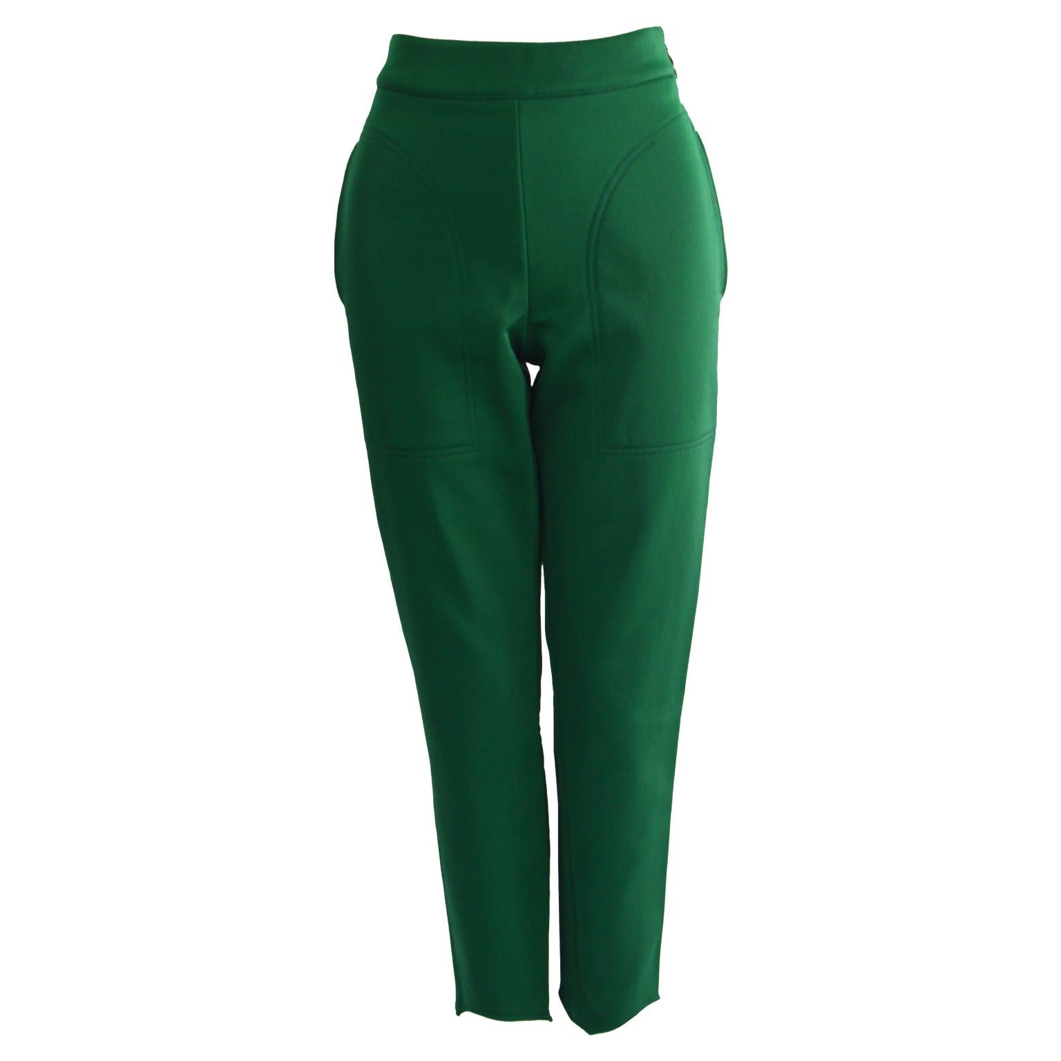 Moschino Green Stretch Jersey Slim Leg High Waist Vintage Pants, 1980s 