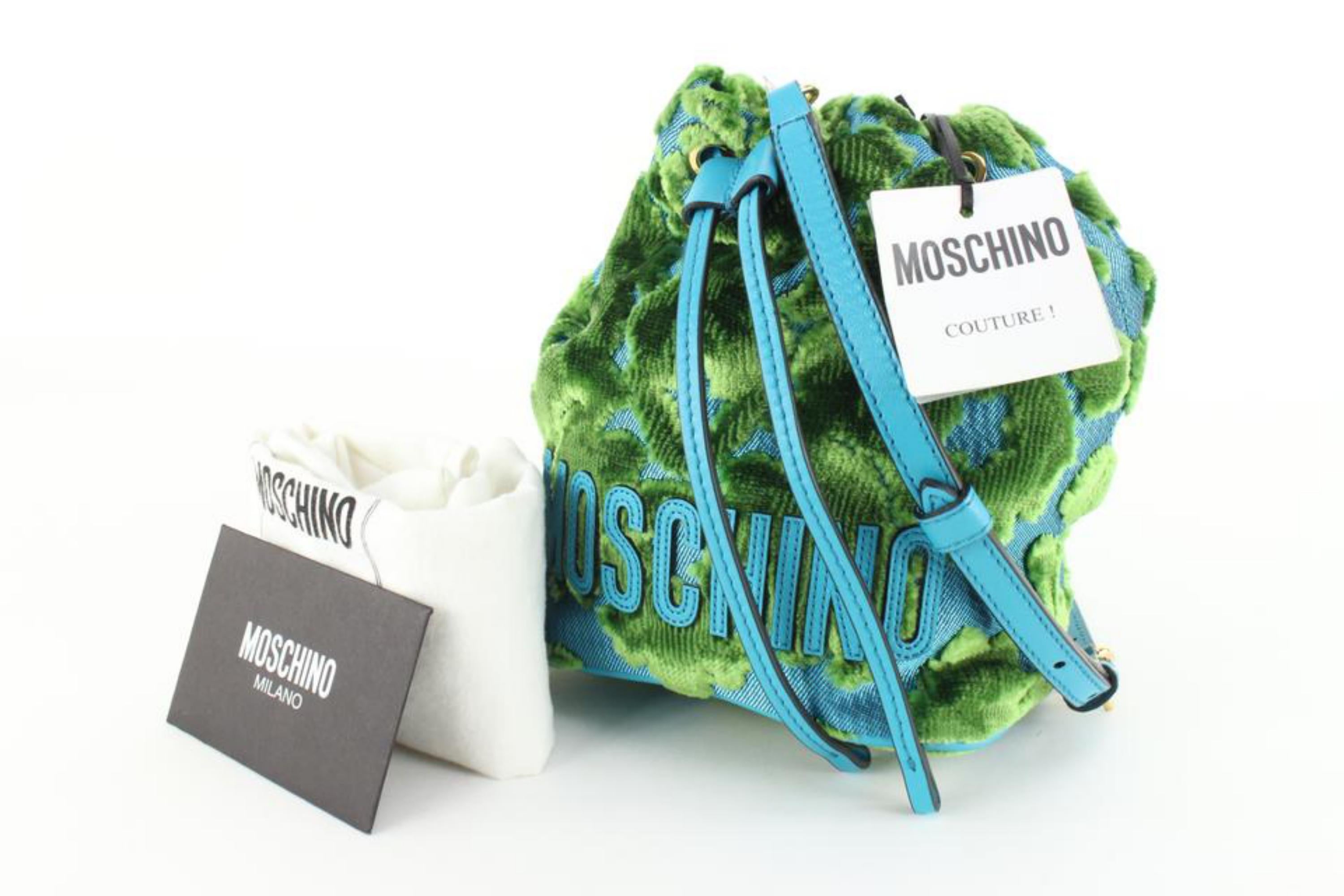 Moschino sac à bandoulière en velours côtelé vert et bleu avec cordon de serrage 5mo830 en vente 7