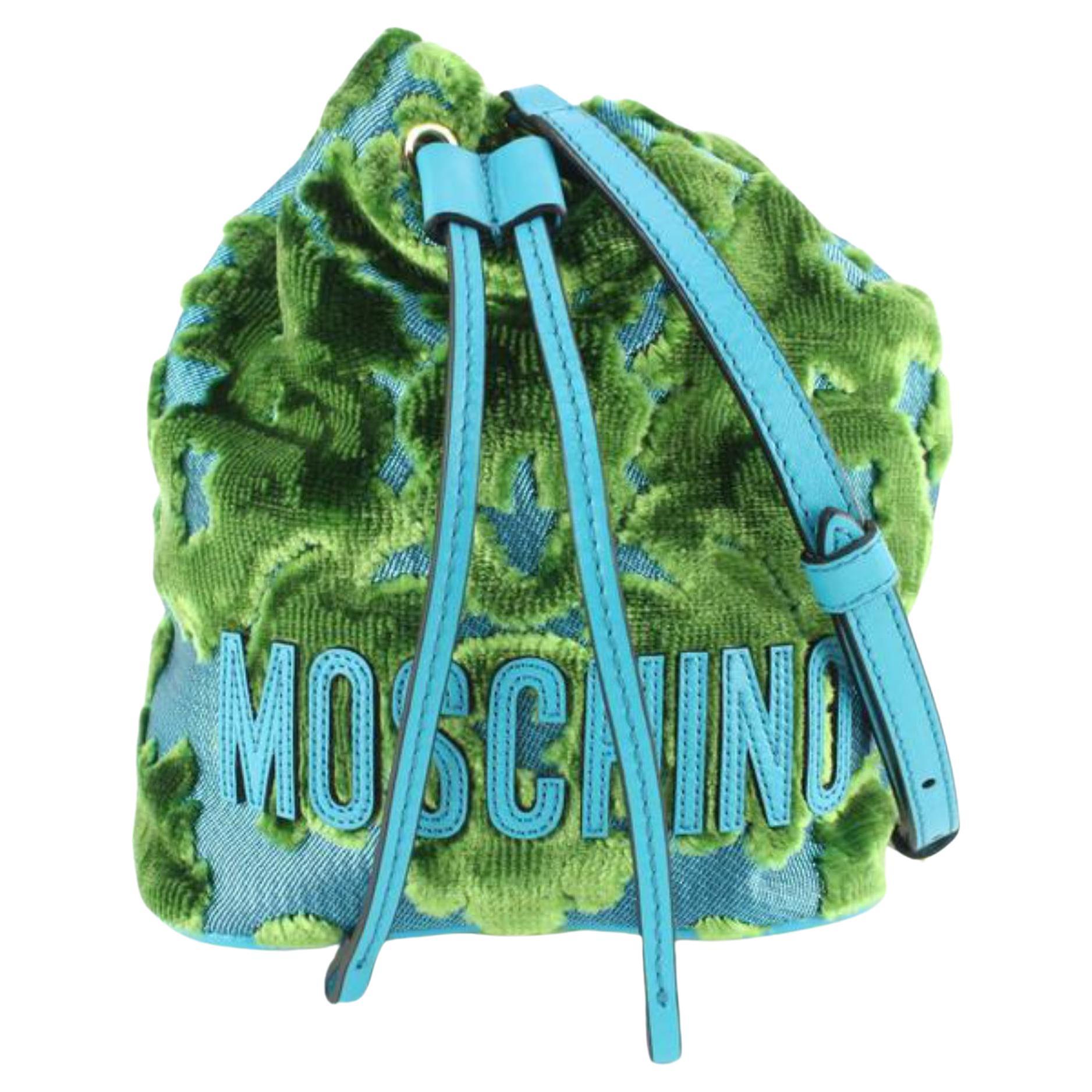 Moschino sac à bandoulière en velours côtelé vert et bleu avec cordon de serrage 5mo830 en vente