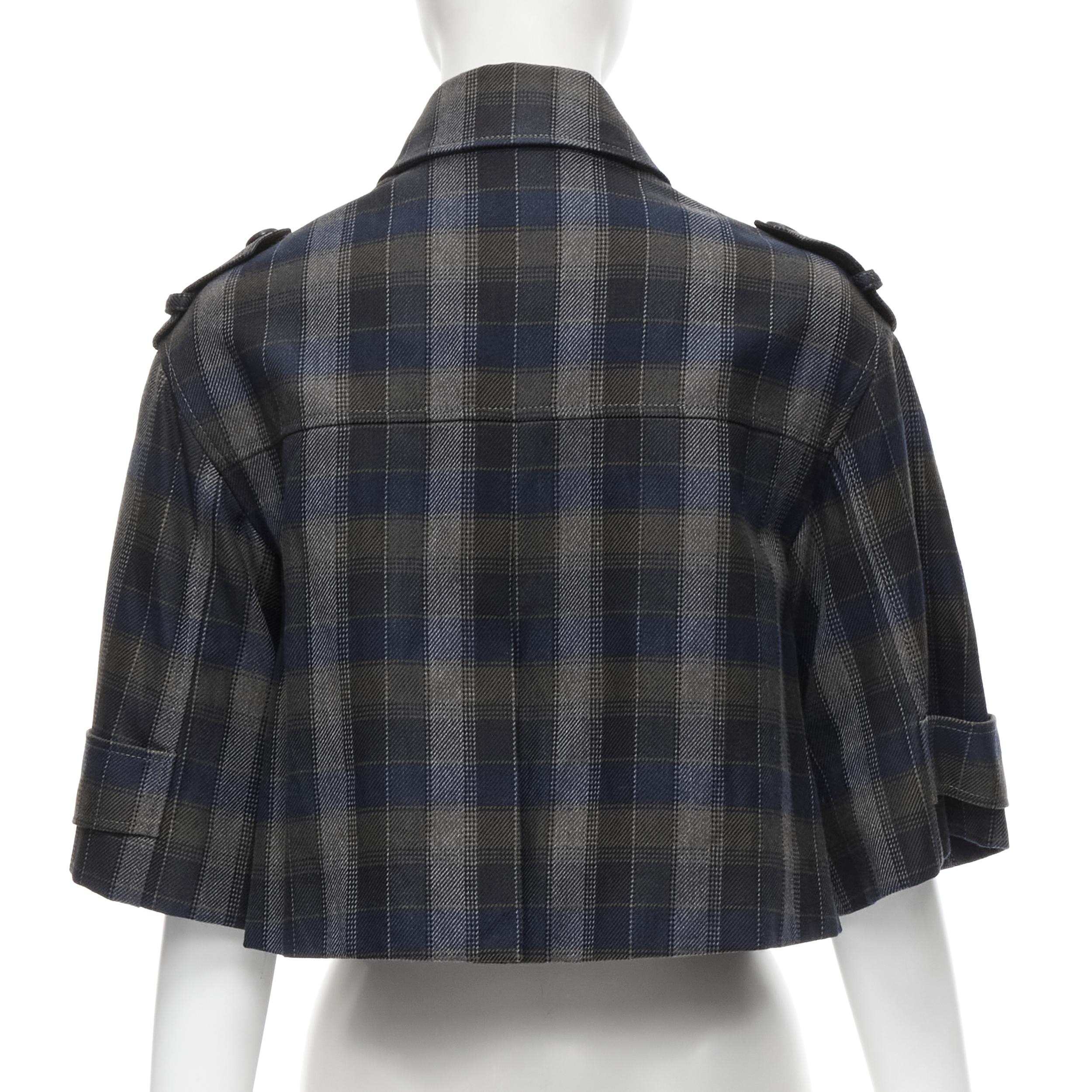 Gray MOSCHINO grey blue check wide short sleeve cropped trench coat IT40 S For Sale