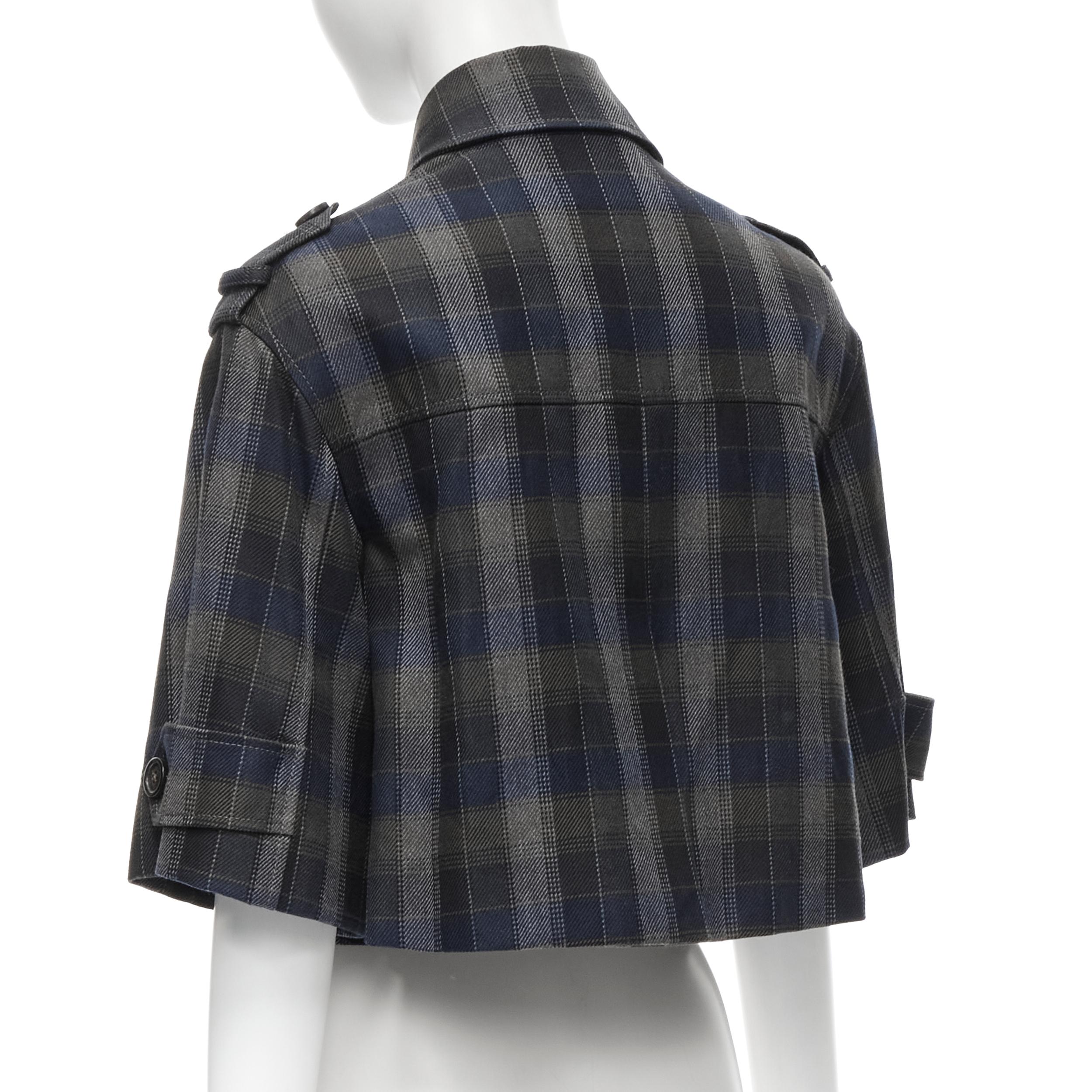 MOSCHINO grey blue check wide short sleeve cropped trench coat IT40 S In Excellent Condition For Sale In Hong Kong, NT