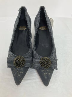 Moschino Grey Brocade Gold Metallic Kitten Heel Bow Front Pumps 39