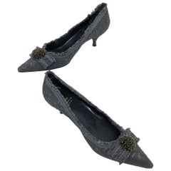 Moschino Grey Brocade Gold Metallic Kitten Heel Bow Front Pumps 39