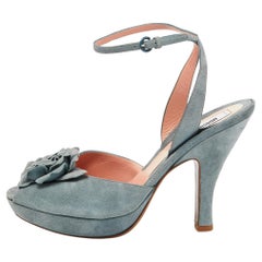 Moschino Grey Suede Flower Applique Platform Ankle Strap Sandals Size 38