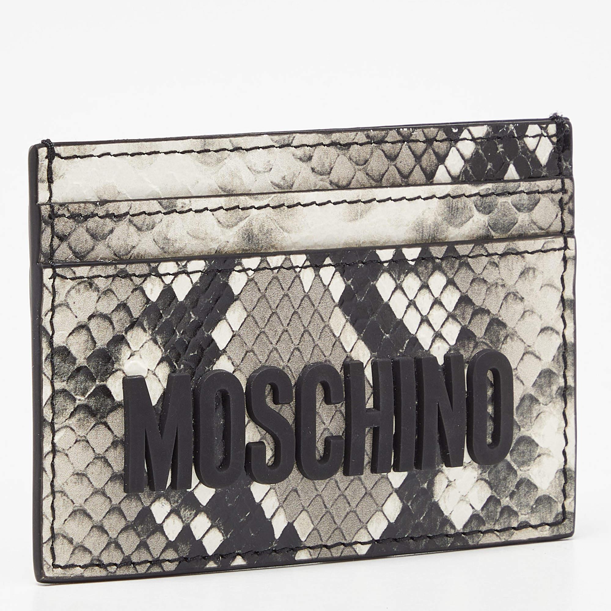 Moschino Kartenetui aus grauem/weißem, geprägtem Leder mit Schlangenhautprägung im Angebot 5