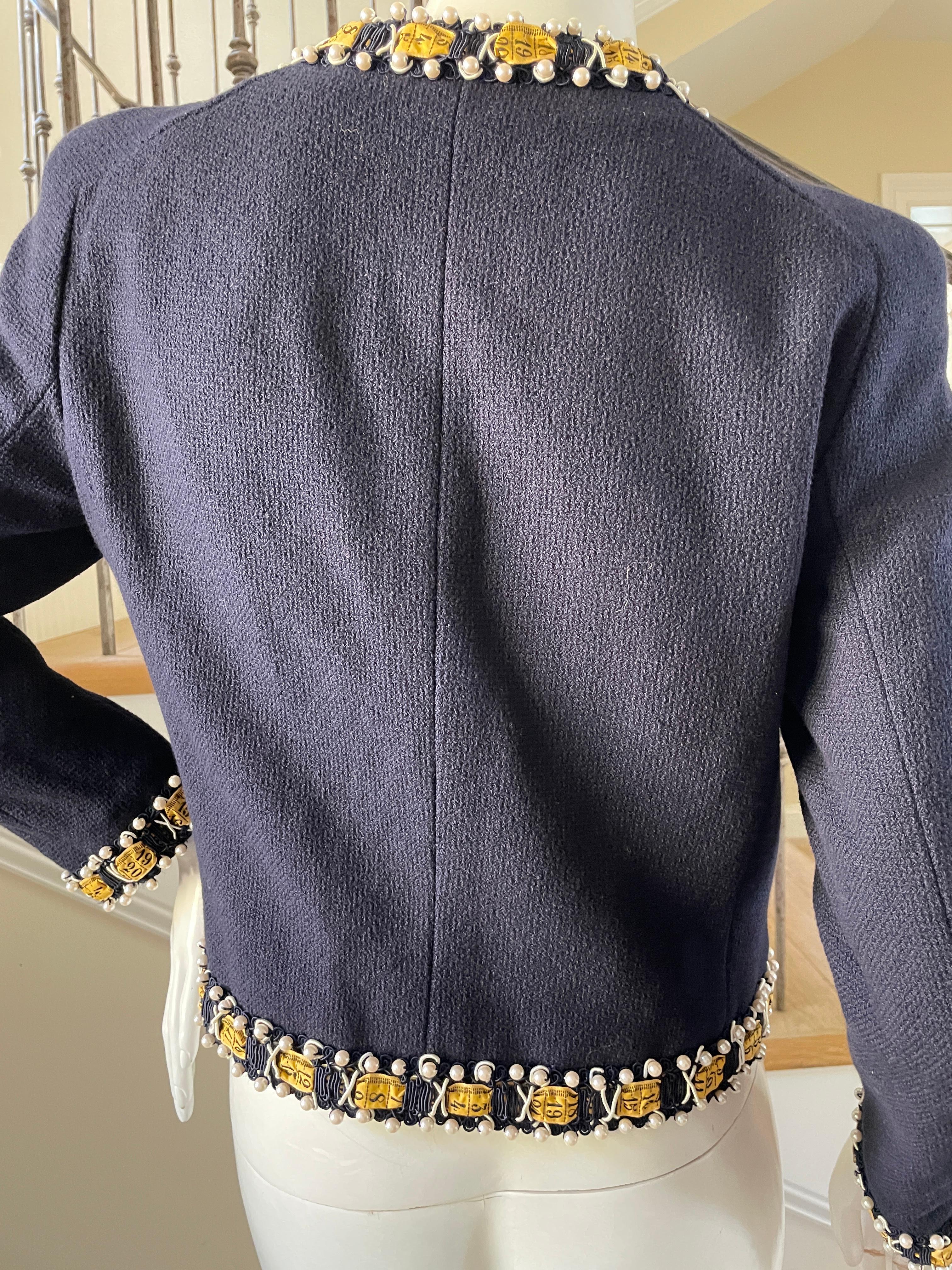 Moschino Vintage 80's Sewing Kit Embellished Blue Boucle Jacket For Sale 1
