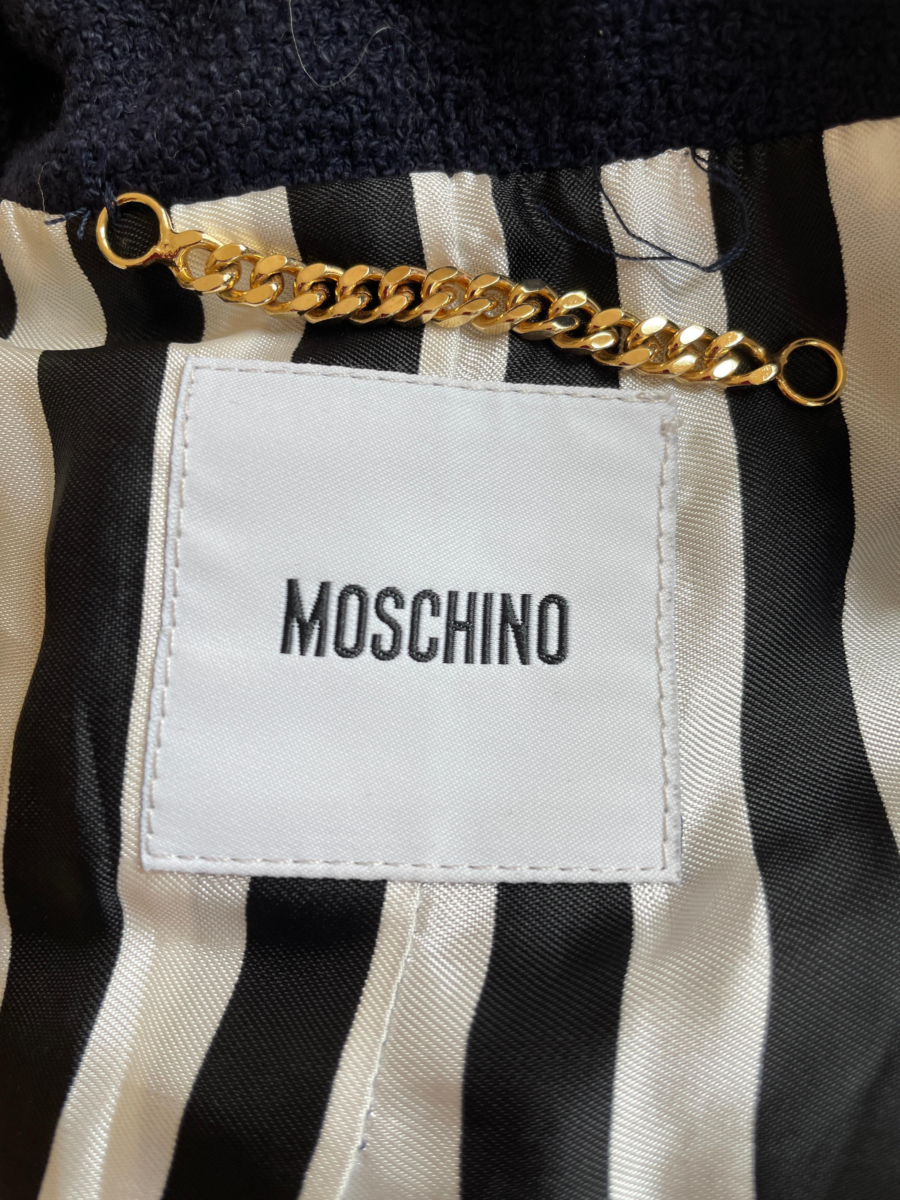 Moschino Vintage 80's Sewing Kit Embellished Blue Boucle Jacket For Sale 2