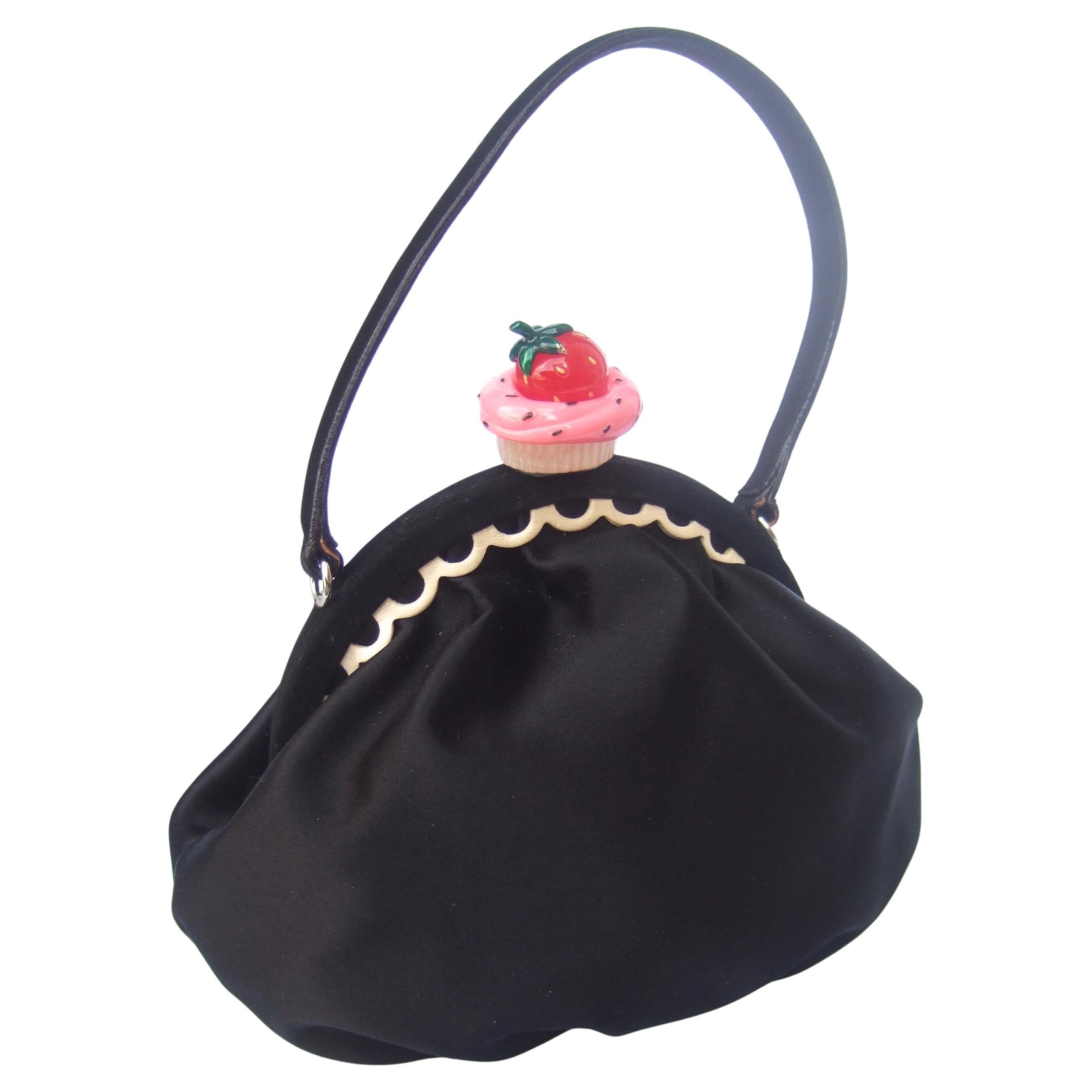 MOSCHINO Italy Black Satin Whimsical Strawberry Cupcake Clasp Handbag c 1990s en vente