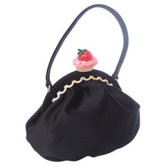 Vintage MOSCHINO Italy Black Satin Whimsical Strawberry Cupcake Clasp Handbag c 1990s