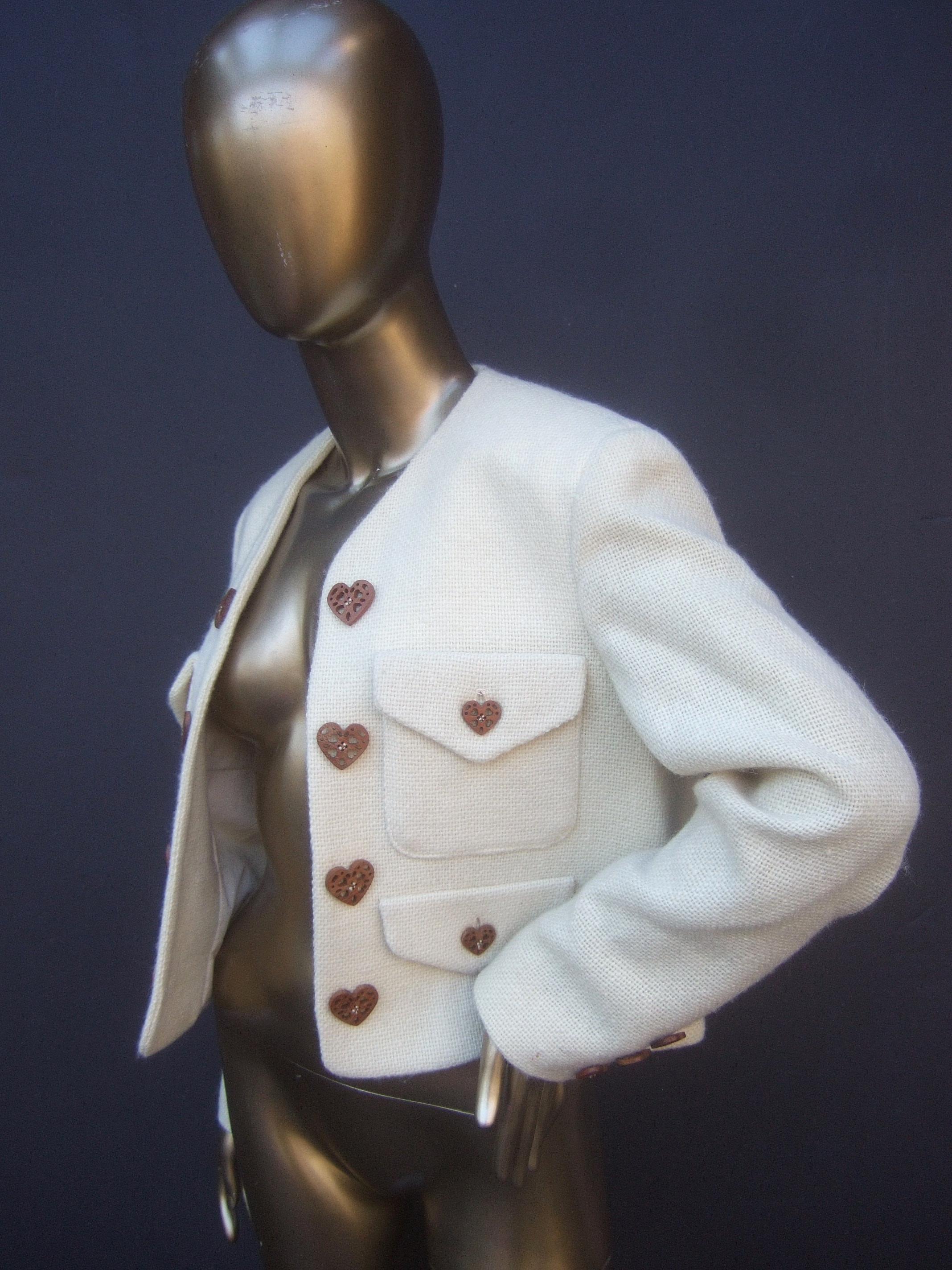 Moschino Italy Cream Laine Wool Wood Heart Button Cropped Jacket c 1990s For Sale 2