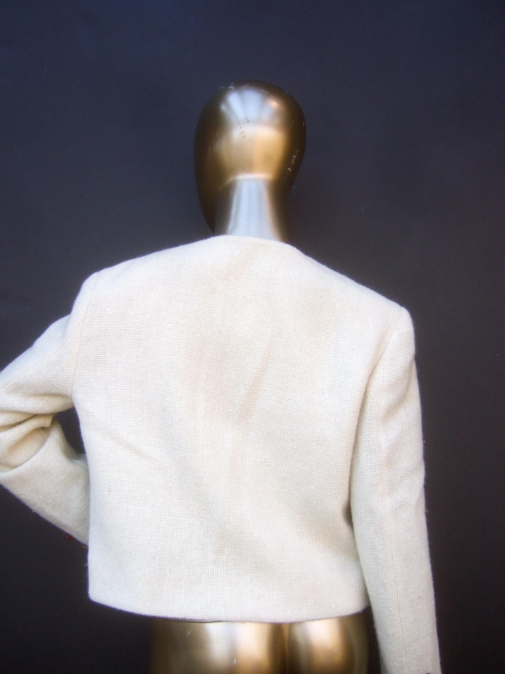 Moschino Italy Cream Laine Wool Wood Heart Button Cropped Jacket c 1990s For Sale 3