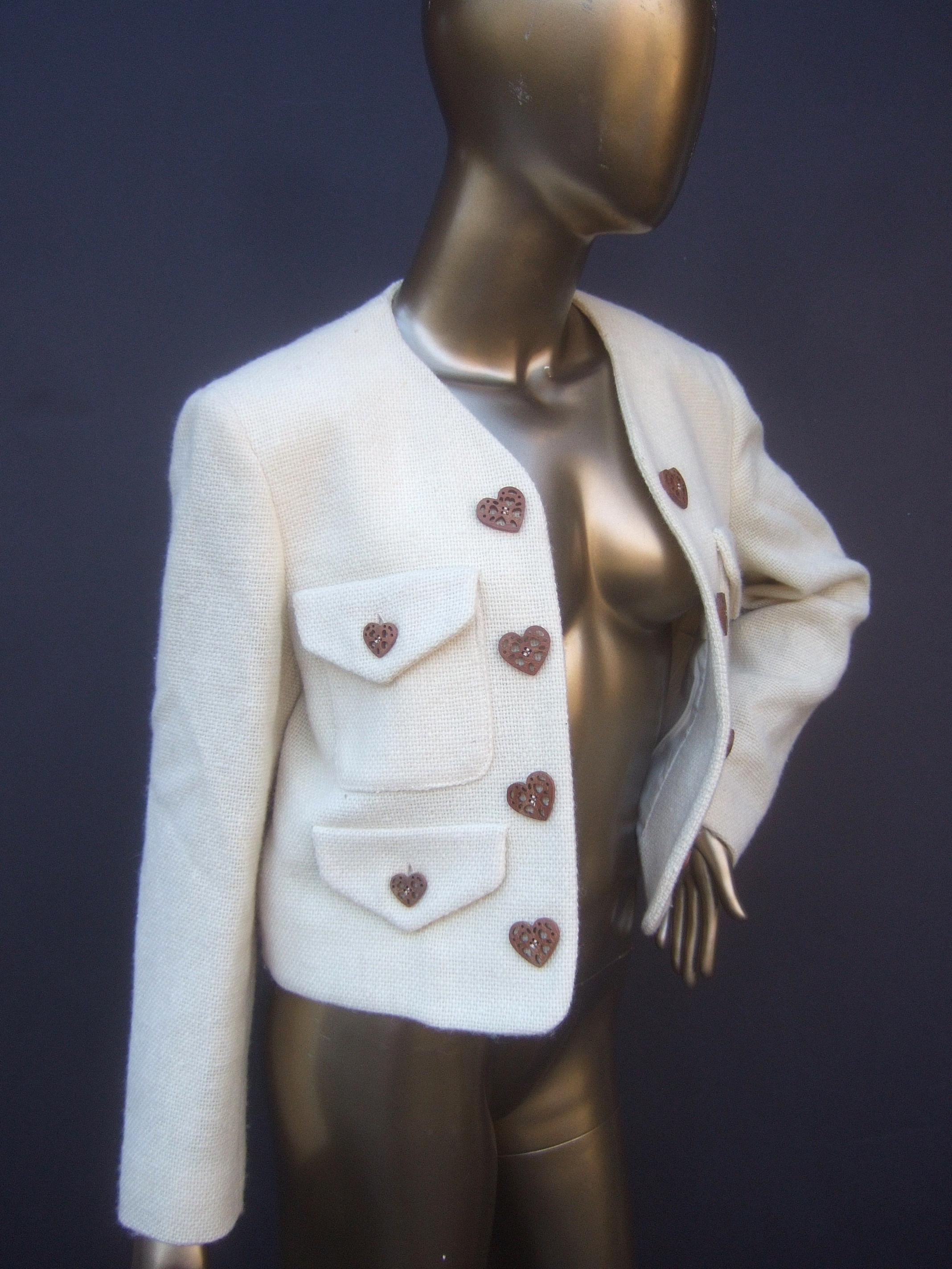 Moschino Italy Cream Laine Wool Wood Heart Button Cropped Jacket c 1990s For Sale 4