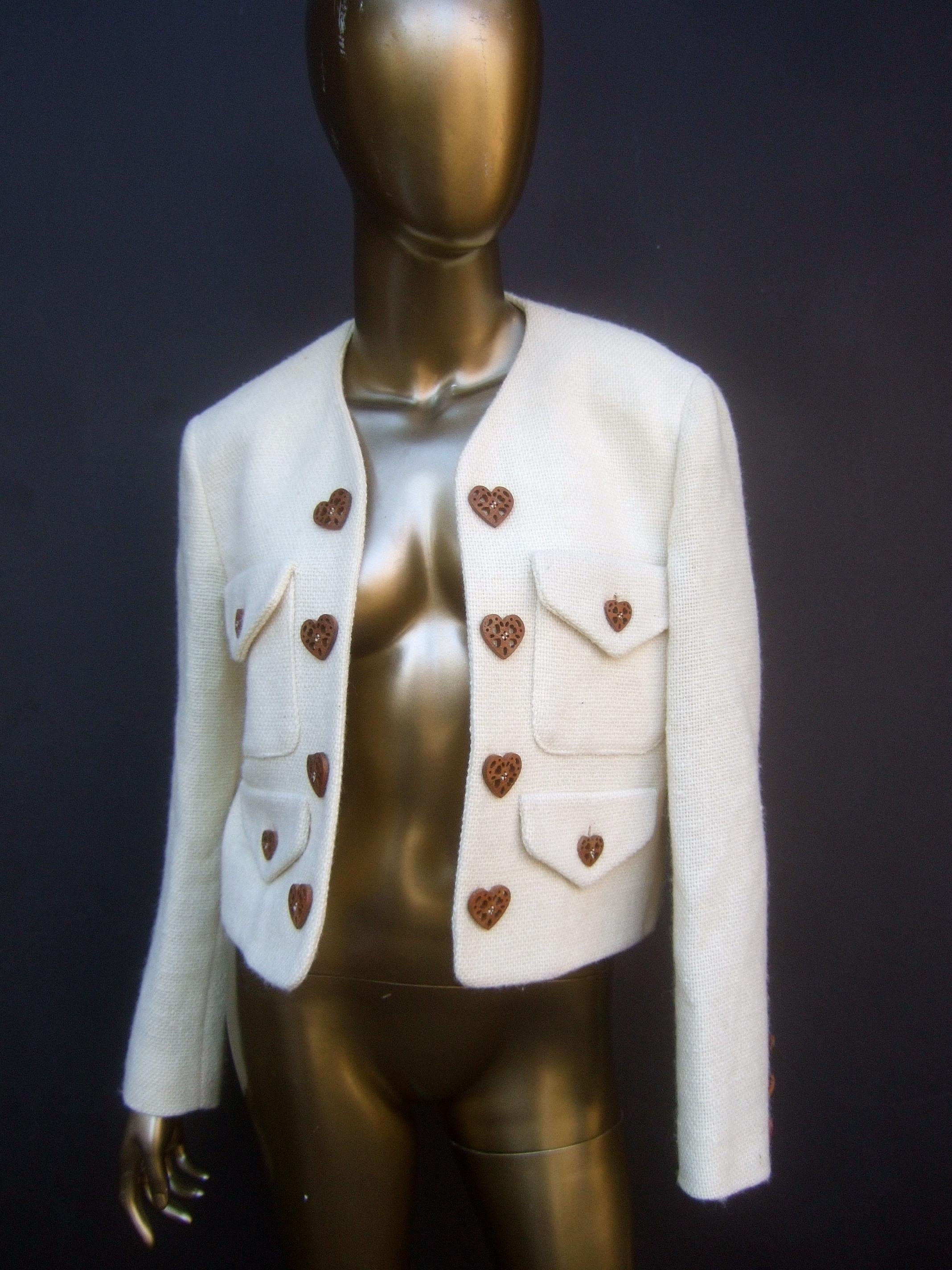 Moschino Italy Cream Laine Wool Wood Heart Button Cropped Jacket c 1990s For Sale 7