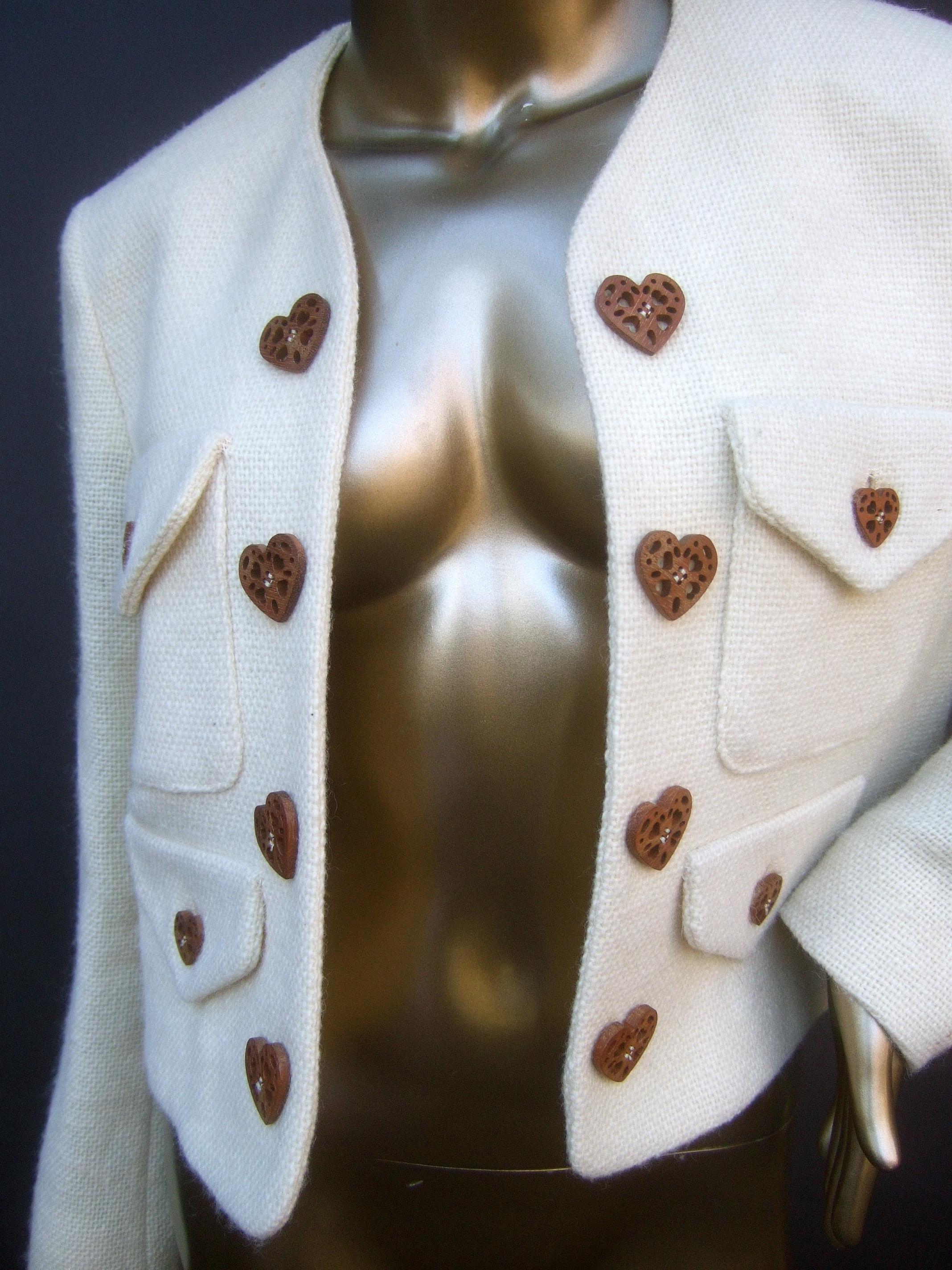 Moschino Italy Cream Laine Wool Wood Heart Button Cropped Jacket c 1990s For Sale 1