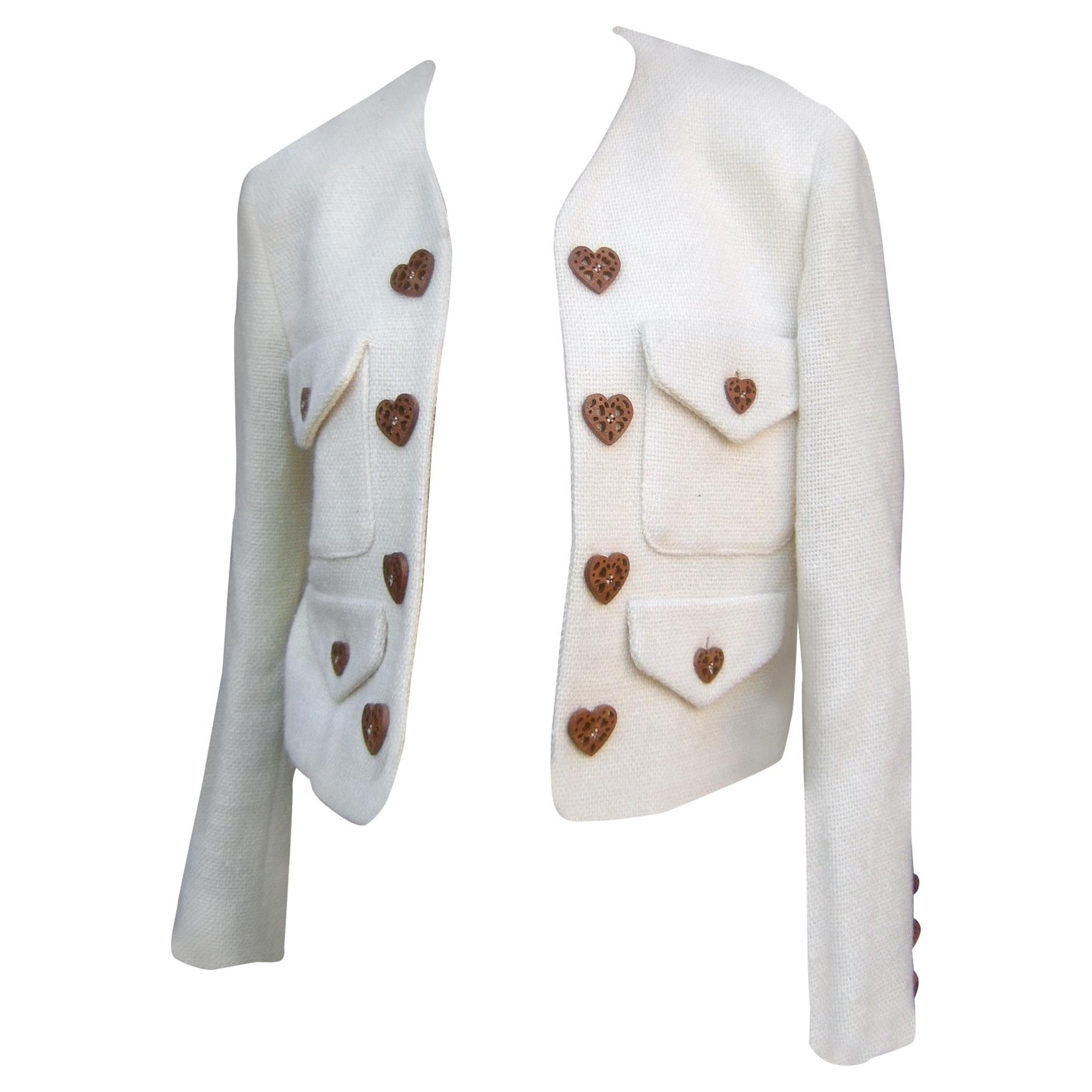 Moschino Italy Cream Laine Wool Wood Heart Button Cropped Jacket c 1990s For Sale