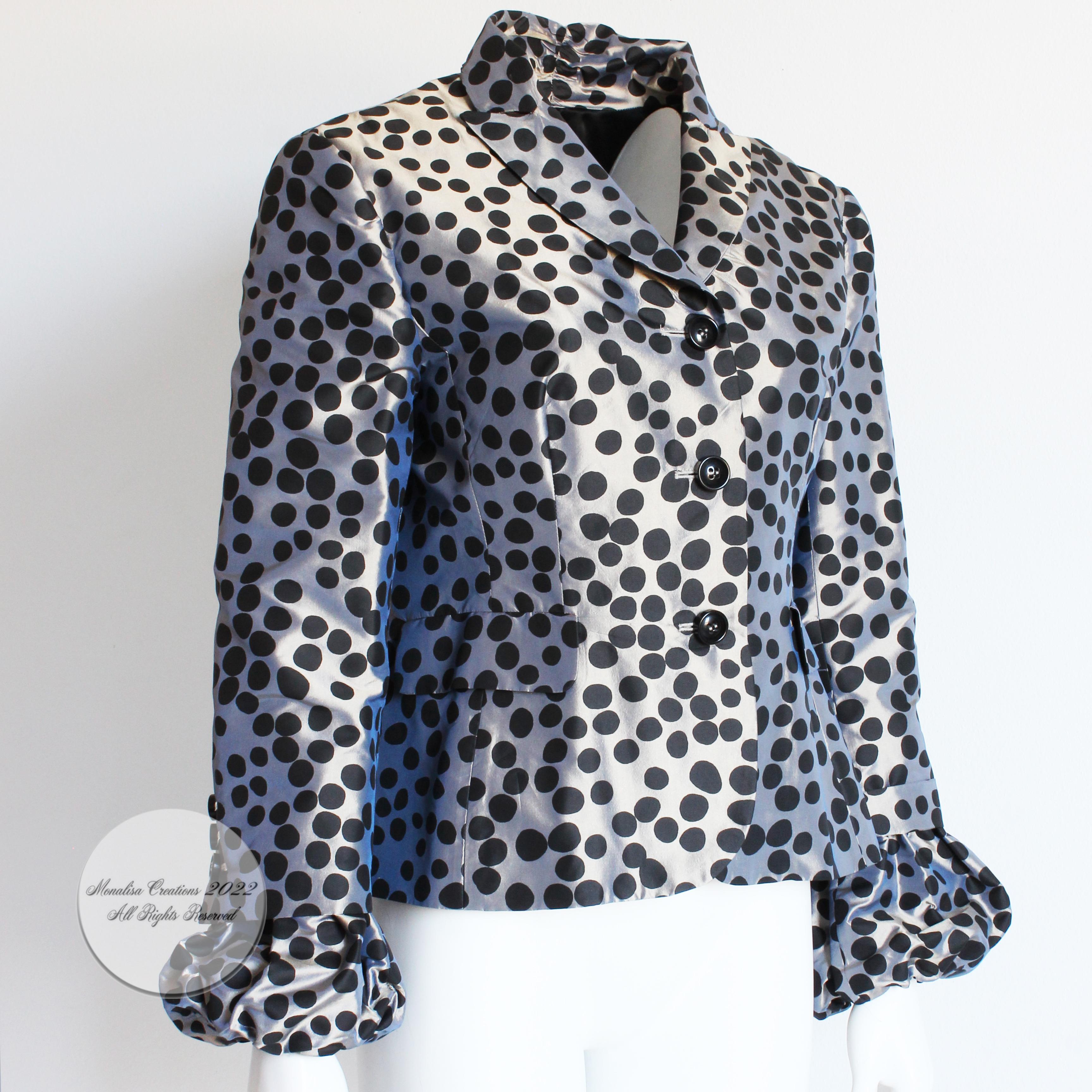 Moschino Jacket Gunmetal Silk with Polka Dots Puff Sleeves Cheap and Chic US 12 In Good Condition In Port Saint Lucie, FL