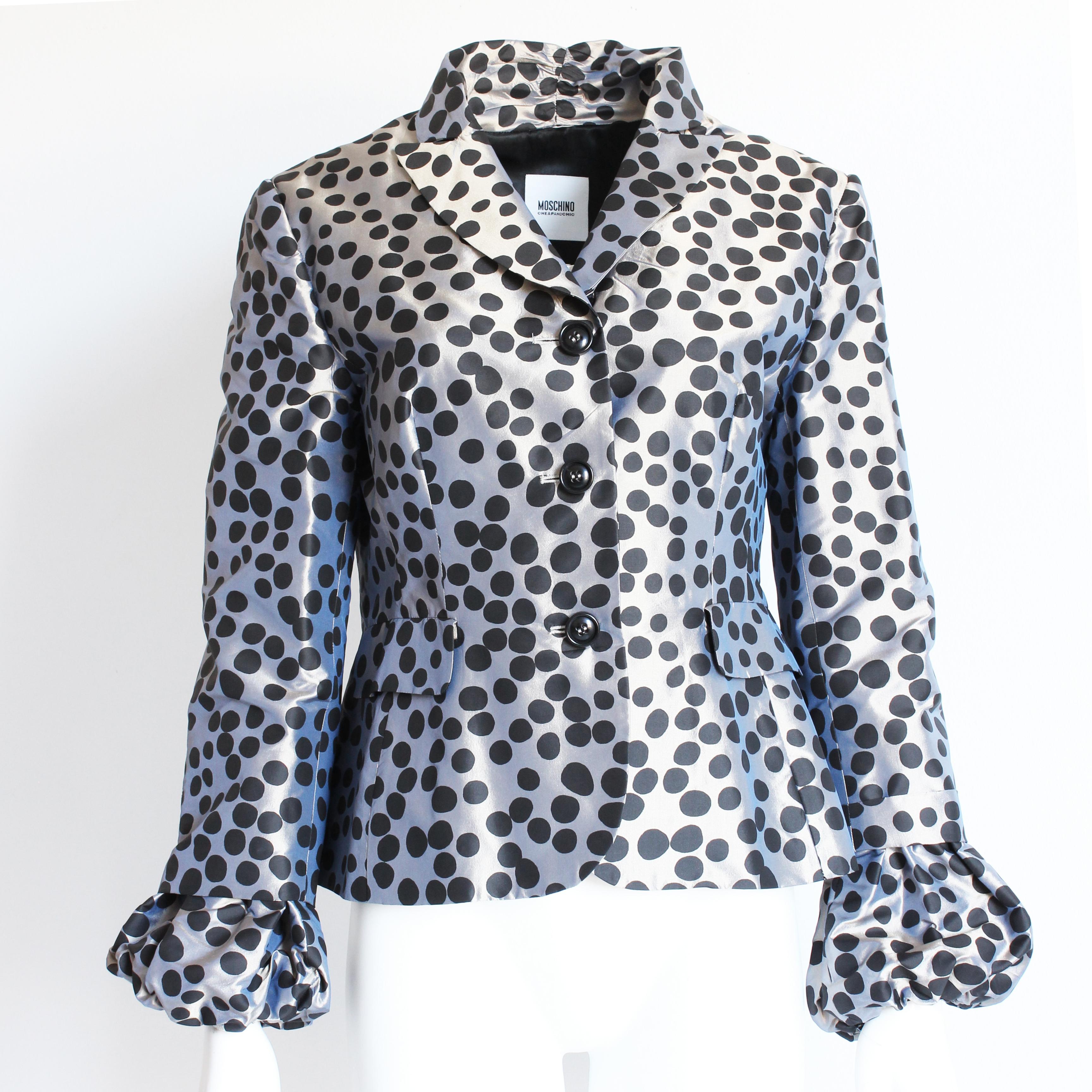Women's Moschino Jacket Gunmetal Silk with Polka Dots Puff Sleeves Cheap and Chic US 12 For Sale