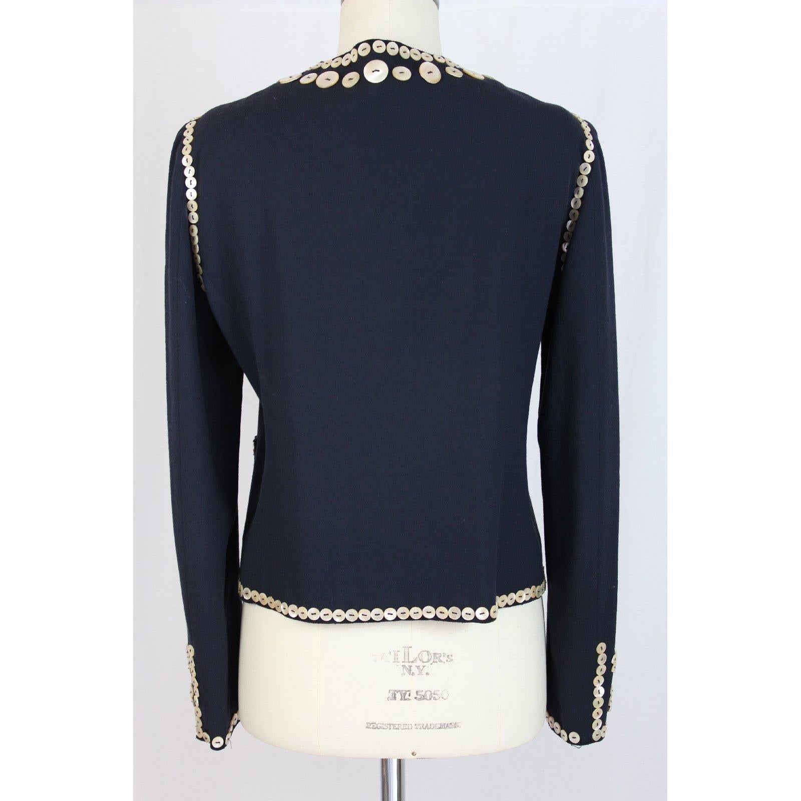 Black Moschino Jacket Mother Pearl Buttons Embroidered Wool Blue 1990s Rare Collection
