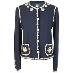 Moschino Jacket Mother Pearl Buttons Embroidered Wool Blue 1990s Rare Collection