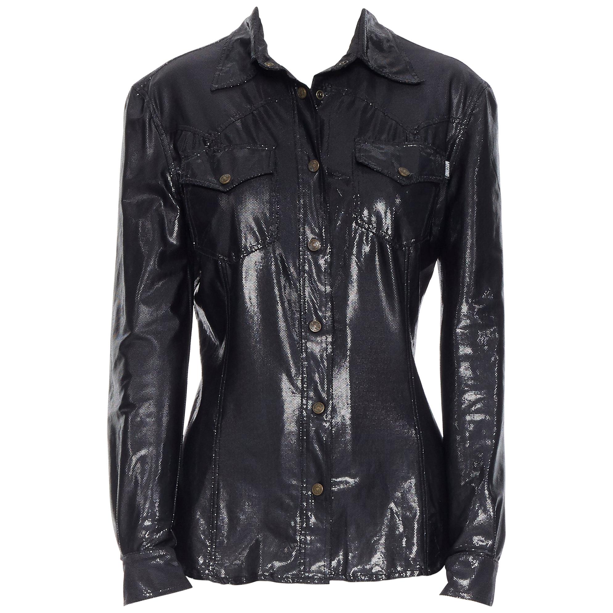 MOSCHINO JEANS black shimmery wet look patched pocket long sleeve shirt S