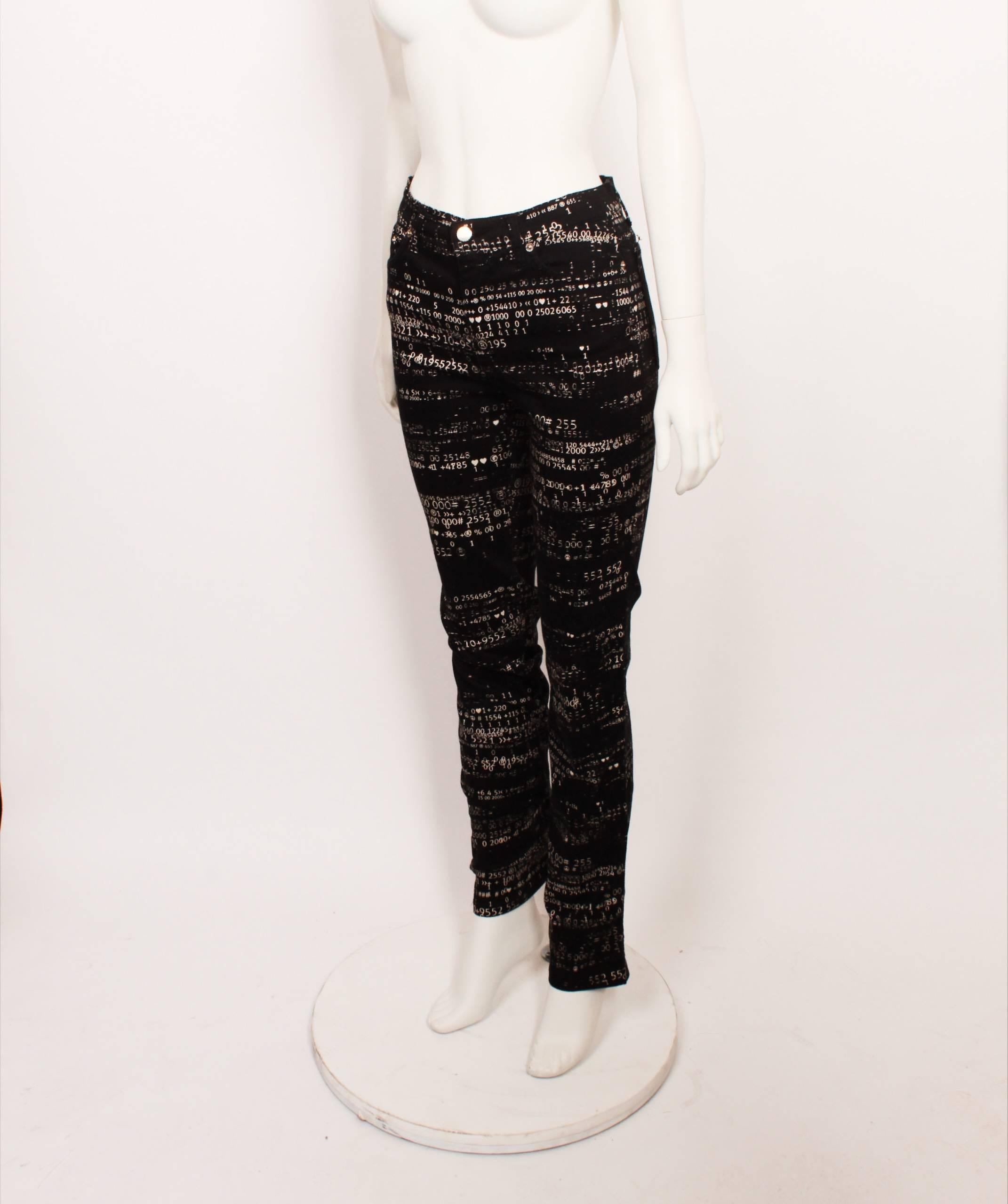 Black Moschino Jeans featuring white numerical print and silver hardware details. 